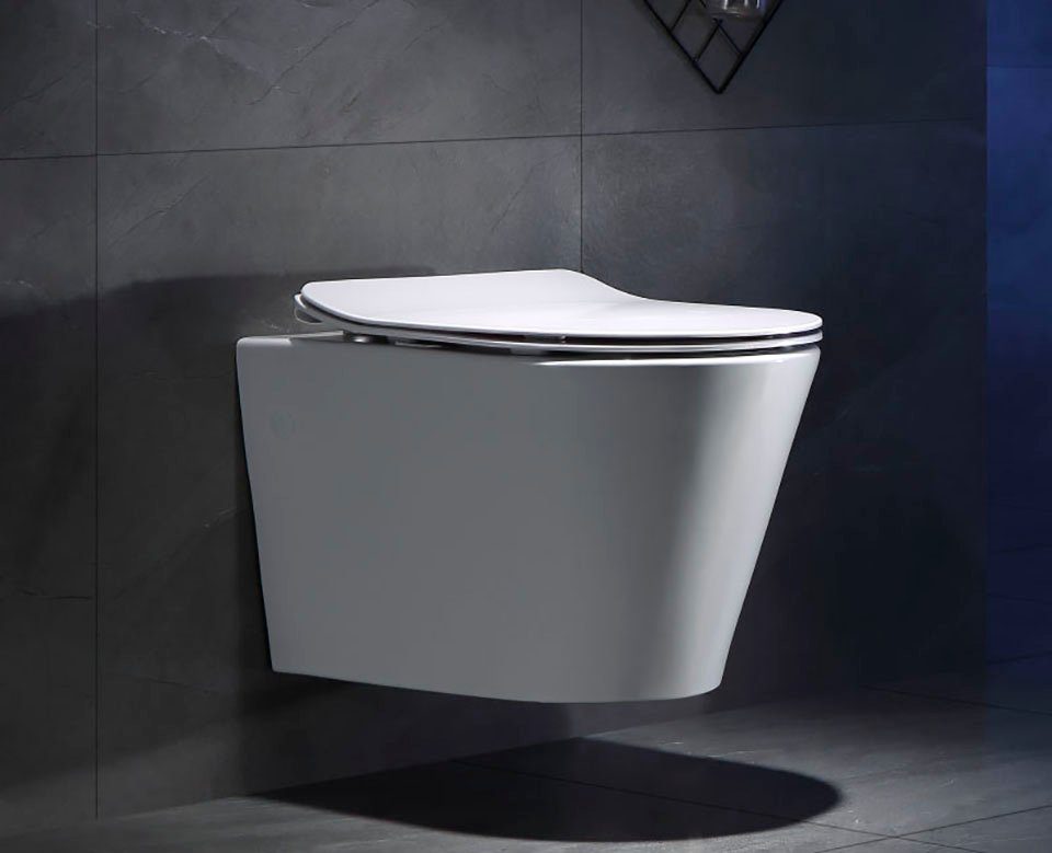 welltime Tiefspül-WC Trento Plus, wandhängend, Abgang waagerecht, Wand WC inklusive Toilettendeckel, Hänge-WC aus Sanitärkeramik
