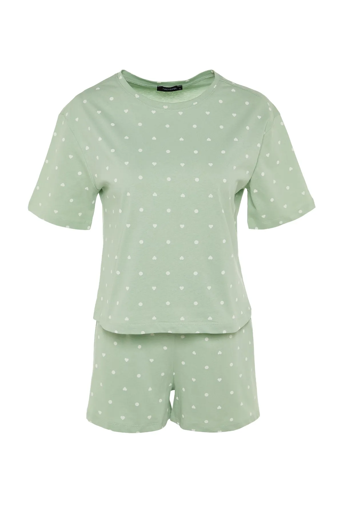 Trendyol Collection  Mintgrünes Pyjama-Set aus 100 % Baumwolle mit Herzmuster, T-Shirt und Shorts, Strick-Pyjama-Set THMSS21PT1485
