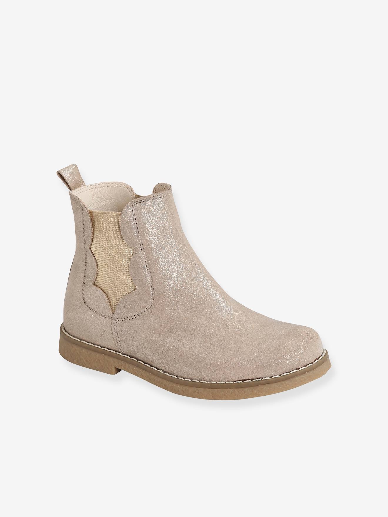 Boots cuir fille zippées et élastiquées marron irisé