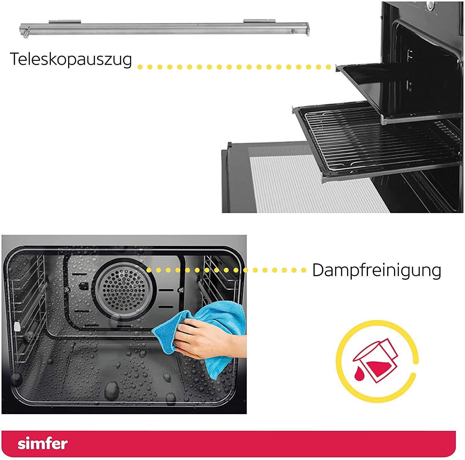 Simfer Einbaubackofen SMF-BO 6813, 60 L, 9 Funktionen, 2-fach Verglasung, mit 1-fach-Teleskopauszug, Dampfreinigung, Digitaler Timer, Versenkbare Drehknöpfe, Seitengitter