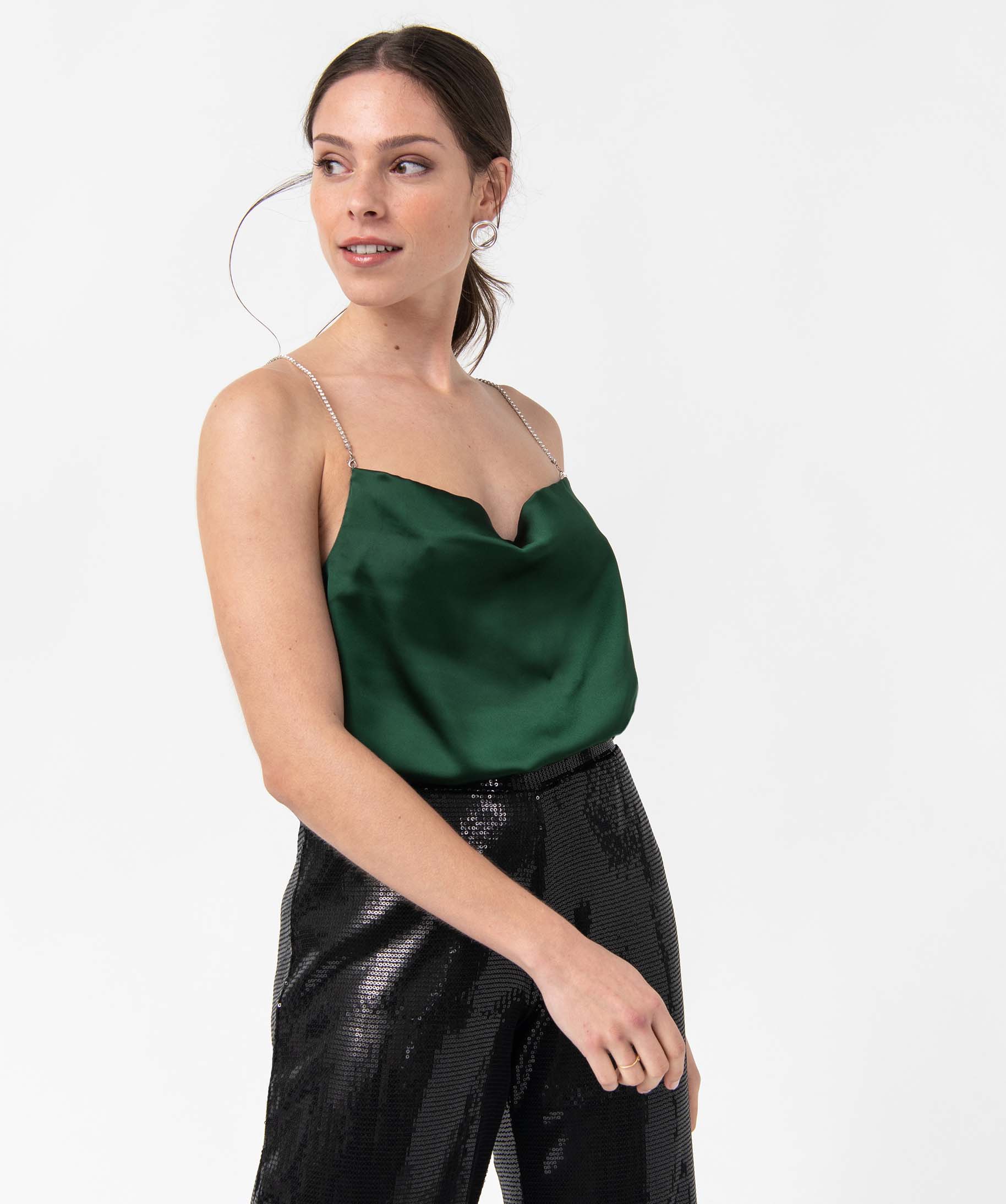 Blouse femme à fines bretelles strass Gémo x Nolwenn Crème vert | GEMO