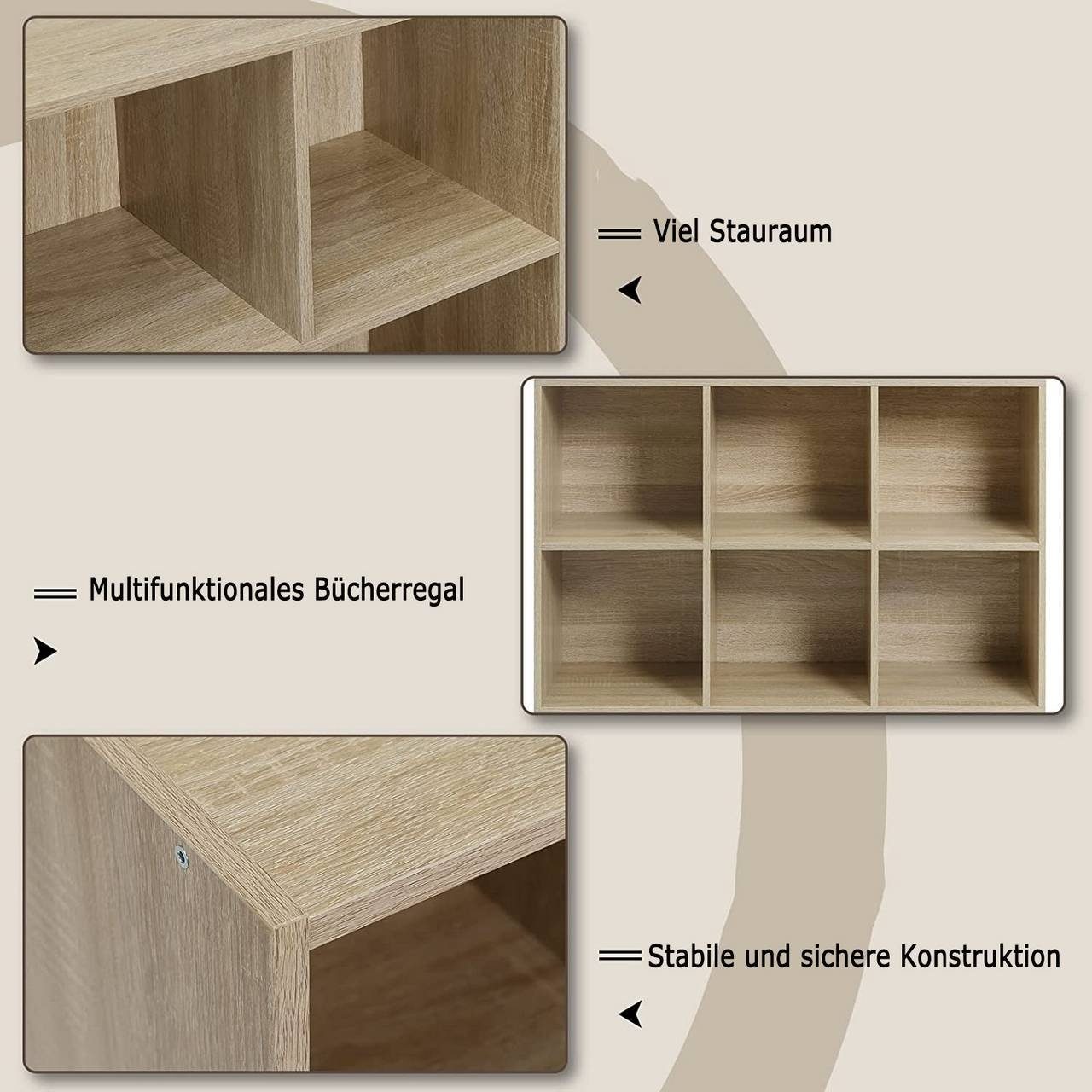 Woltu Bücherregal, 1-tlg., Würfelregal 6 Fächer aus MDF 60x30x89 cm Eiche