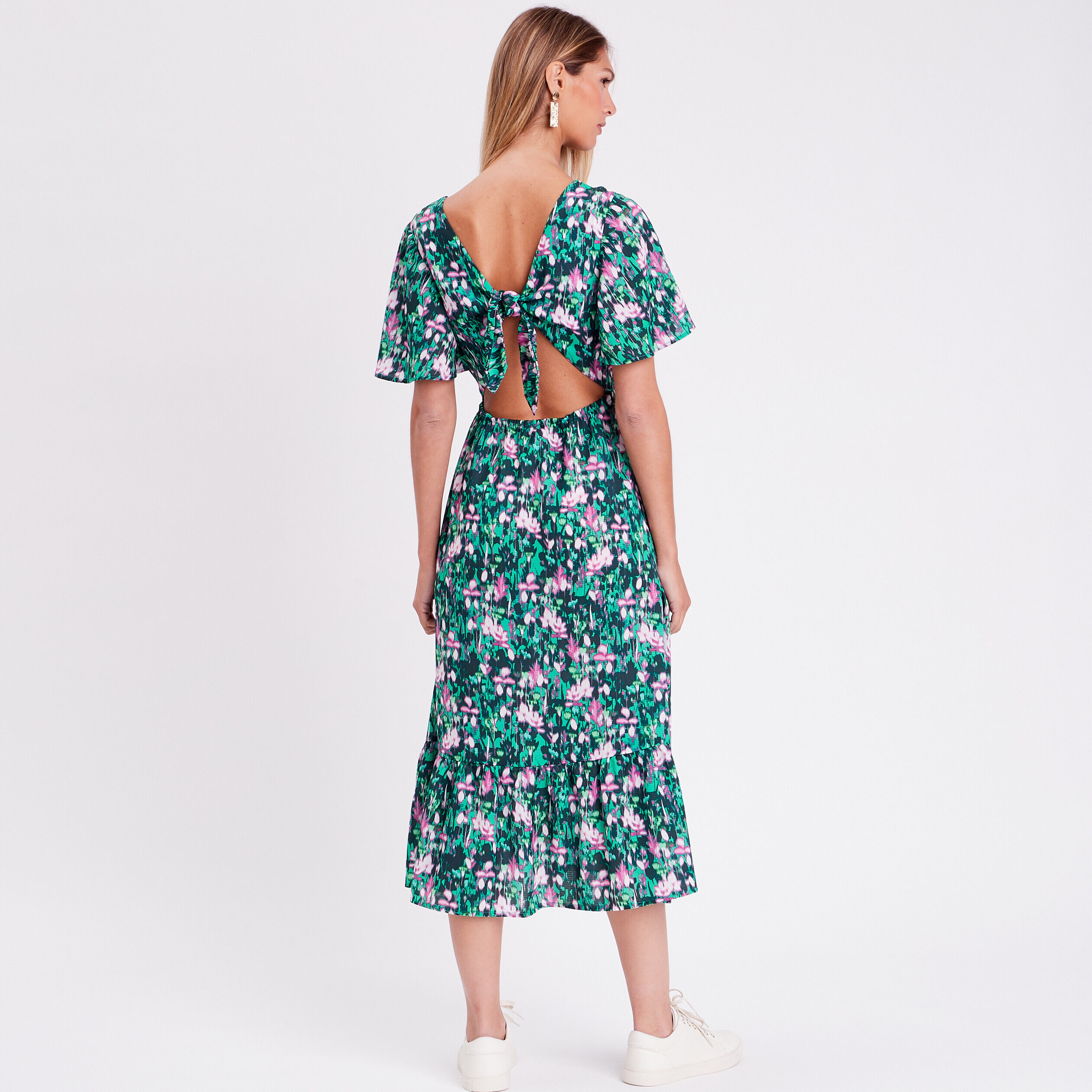 Robe longue évasée dos ouvert vert femme | Cache Cache