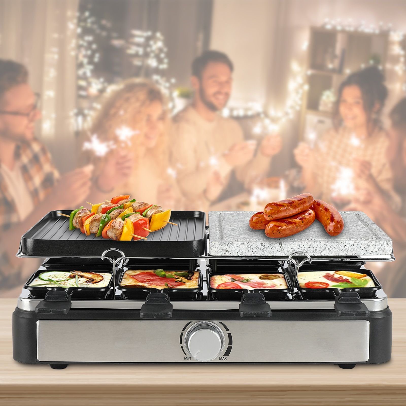 bmf-versand Raclette Raclette 8 Personen Tischgrill Elektrogrill Heißer Stein Thermostat, 8 Raclettepfännchen, 1400,00 W, Einstellbarer Thermostat, Antihaftbeschichtung, Umfangreiches Zubehör
