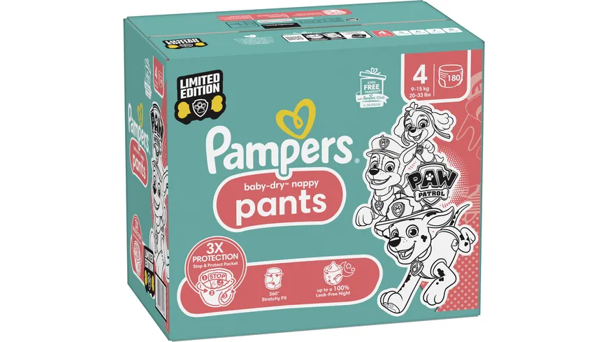 Pampers Baby-Dry Pants Paw Patrol Windeln Gr.4 Maxi 9-15kg Monatsbox