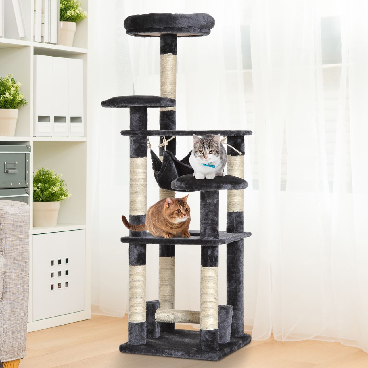 PawHut Katzenbaum Katzenkratzbaum Katzen Kletterbaum Kratzbaum Hängematte Grau L40 x B40 x H132 cm