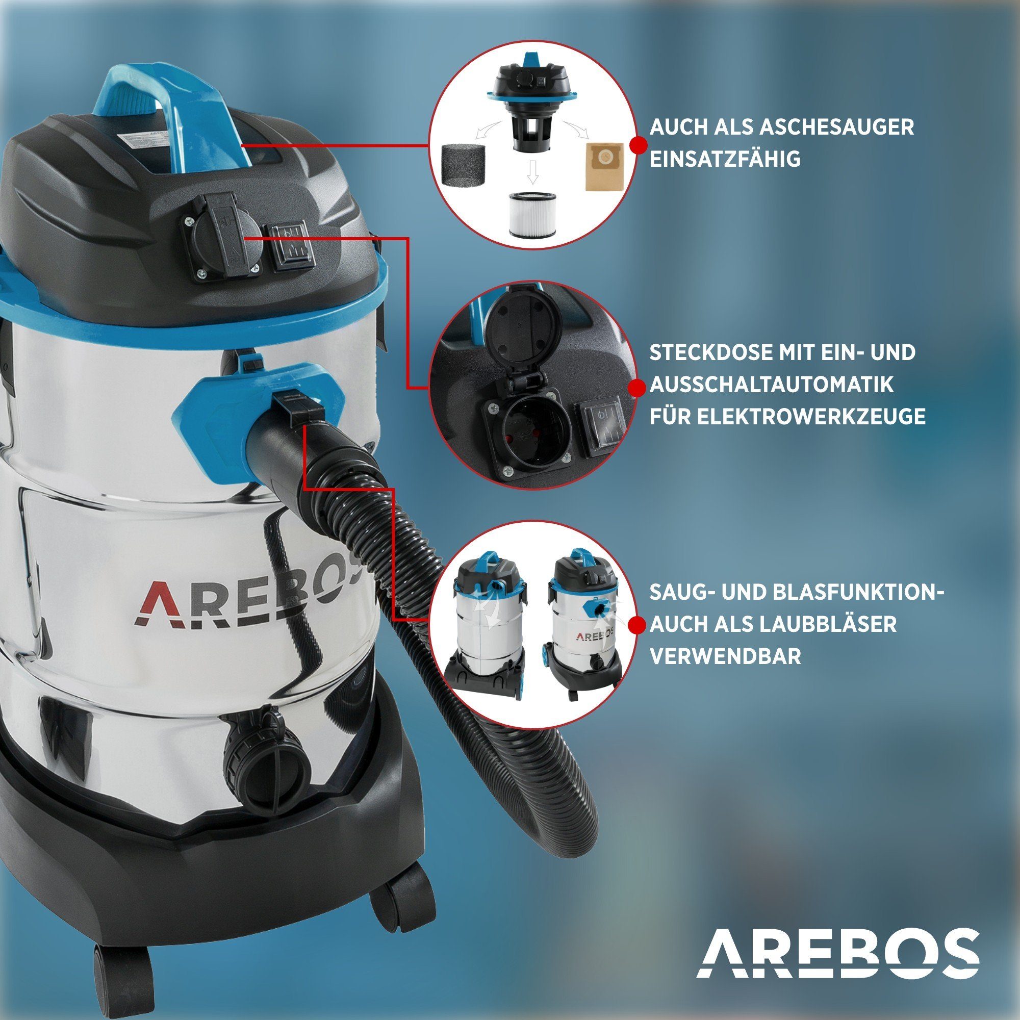Arebos Industriesauger 1600W, Nass- & Trockensauger, Aschesauger für Kamin & Grill, 2600,00 W, mit und ohne Beutel nutzbar