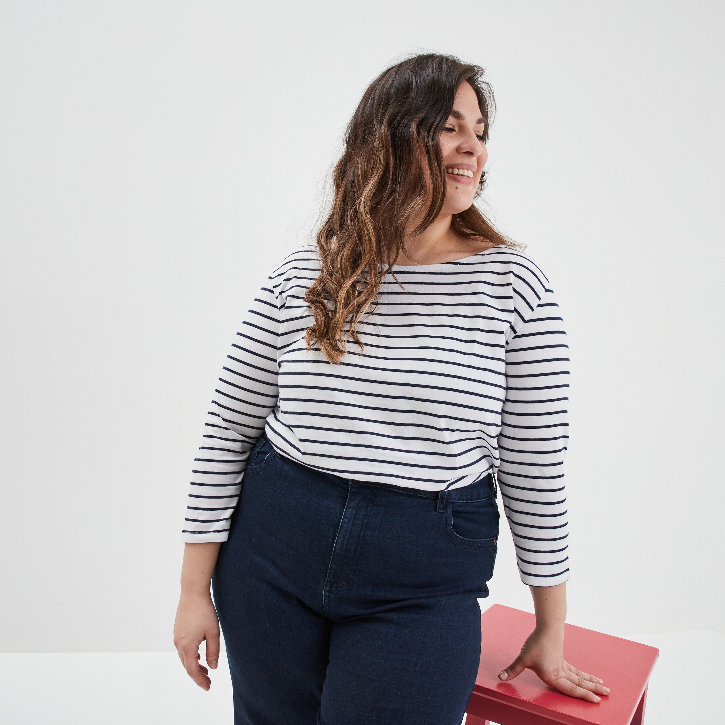 T-shirt marinière col rond manches 3 4 ivoire femme grande taille | La Halle