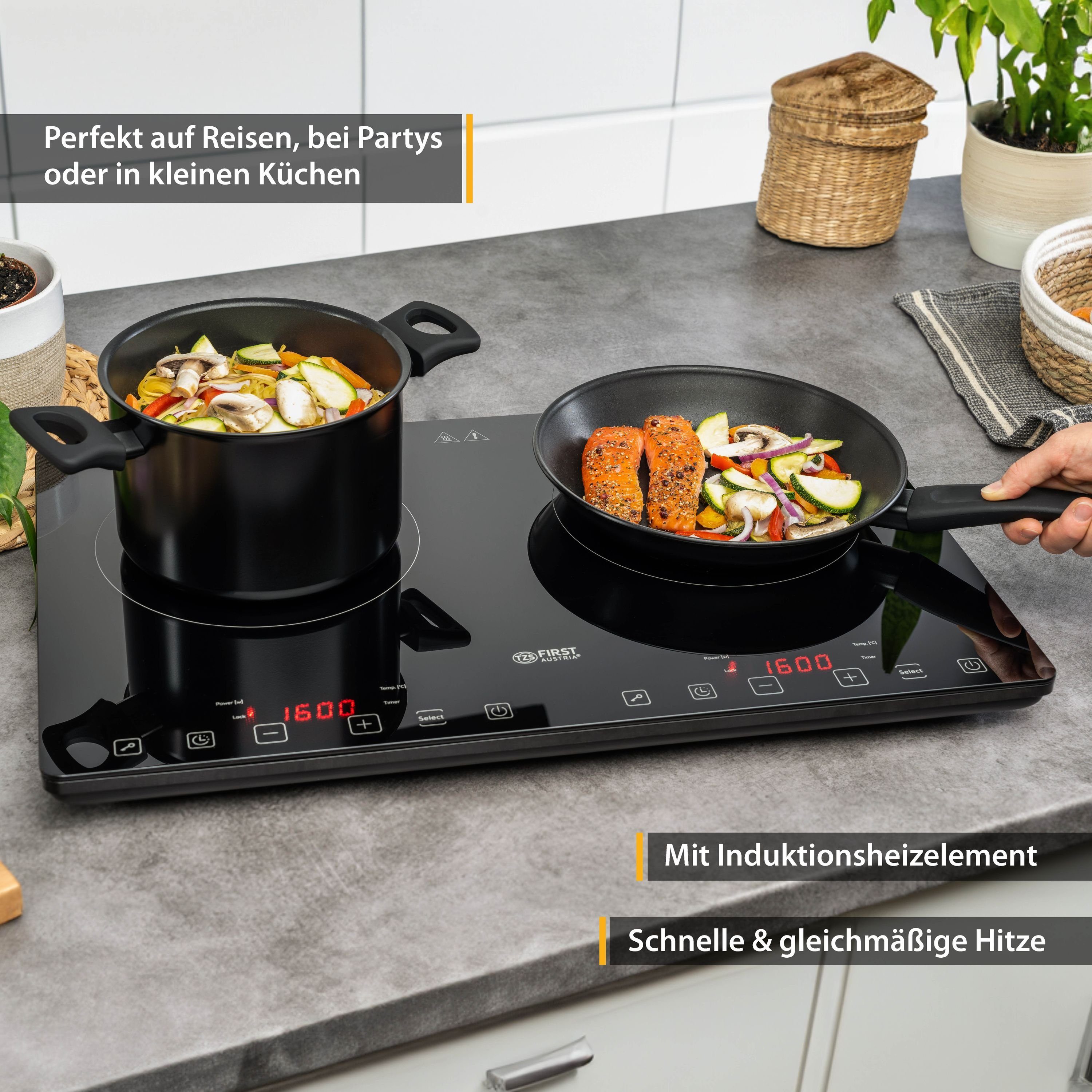 TZS FIRST AUSTRIA Doppelkochplatte Induktionskochplatte doppelt, 3400W, Slim-Design, Timer, Mobil, Induktion Kochplatte, 3400W, Keramik, Infrarot, Temperaturregelung