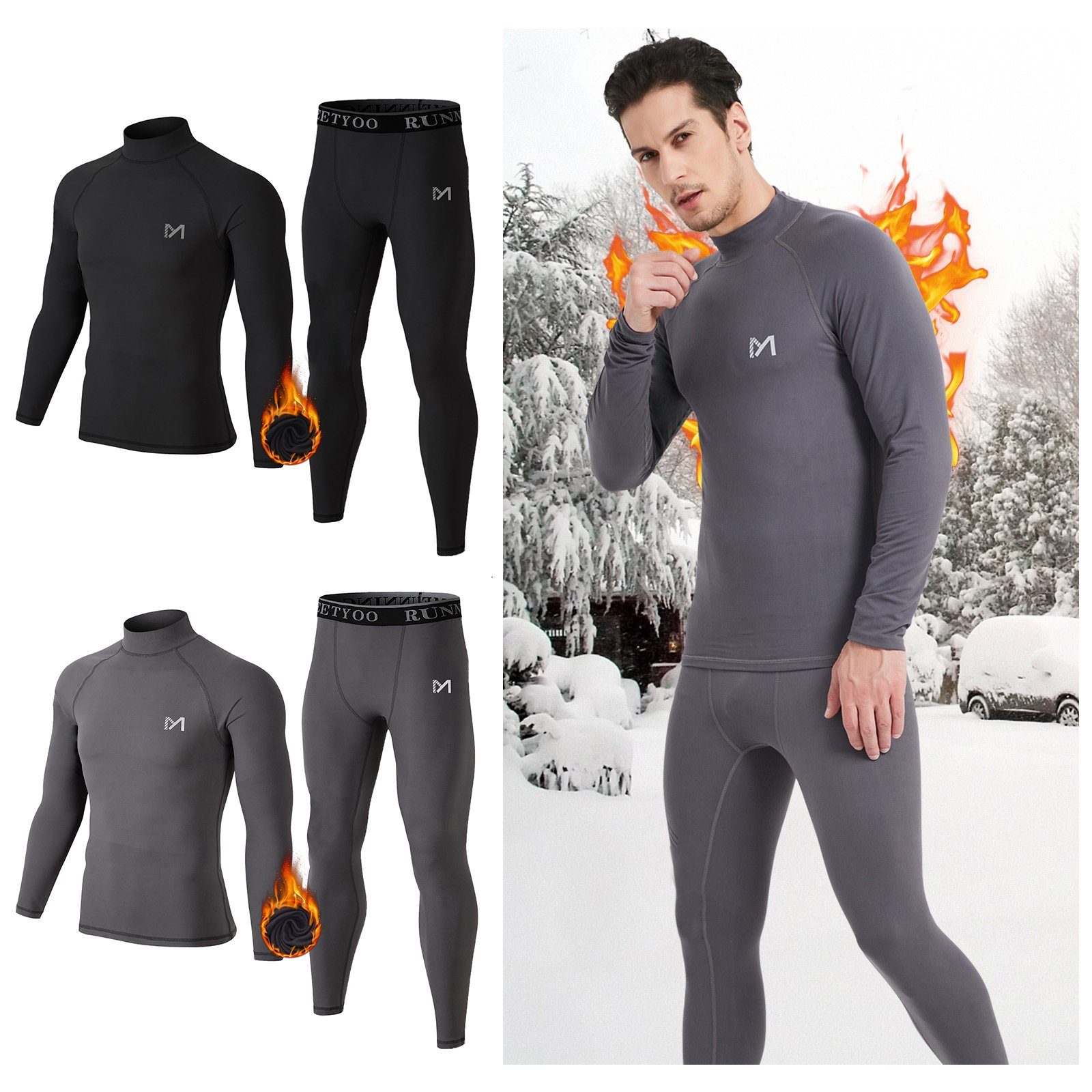 MEETYOO Thermounterhemd Skiunterwäsche Herren (Fleece Funktionsunterwäsche Set, Lange Unterhosen Funktionsunterhemd Kompressionsanzug) Rollkragen Thermohemd Thermohose