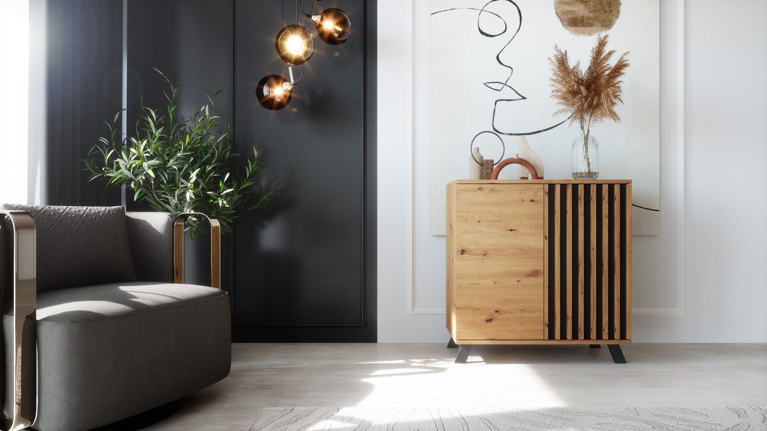 Newroom Sideboard Barea, Wildeiche Sideboard Modern Wandpaneel Vintage Highboard Anrichte