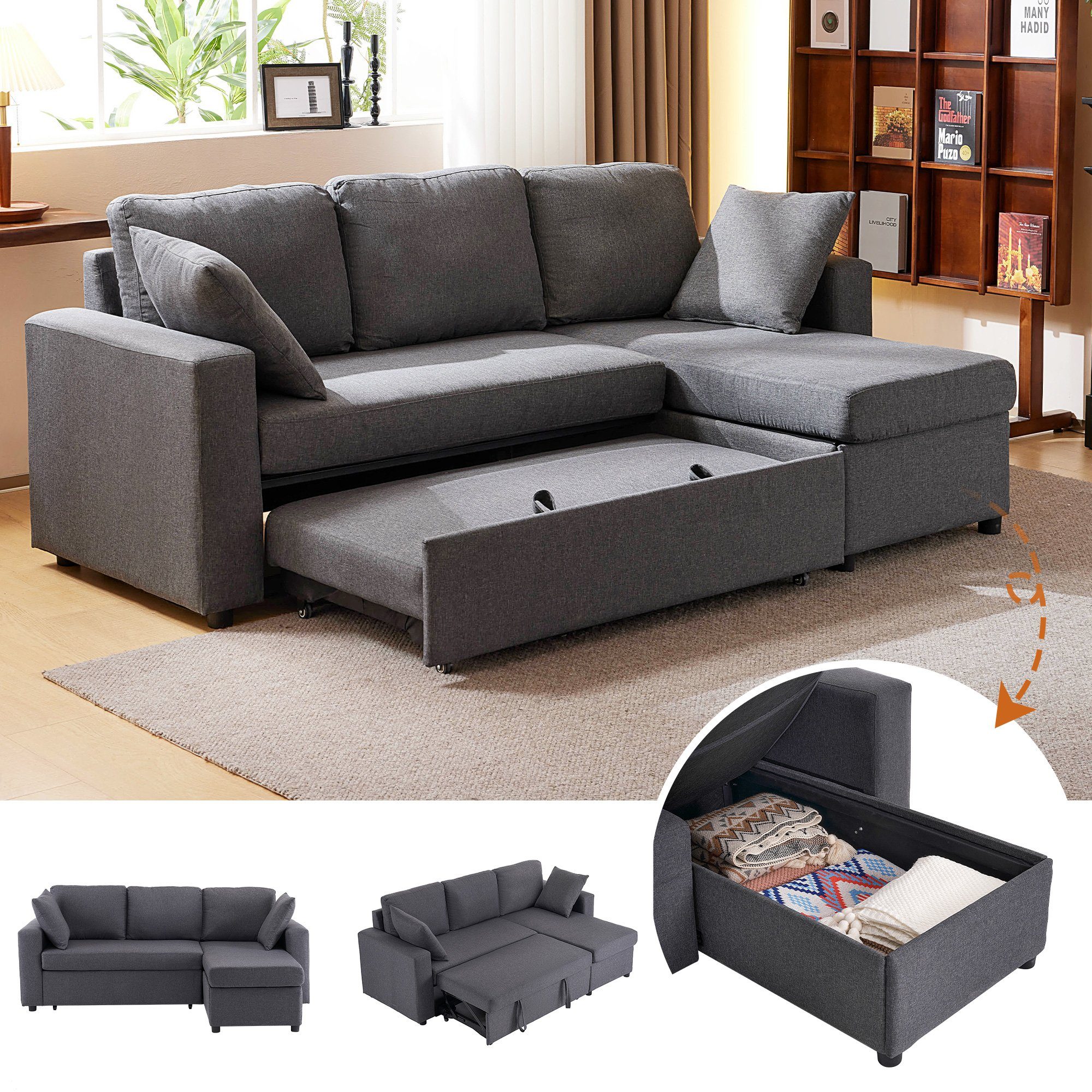 WISHDOR Ecksofa Schlafsofa Sofa mit Schlaffunktion, modernes Design, Polstermöbel, Sofas mit Chaiselongue