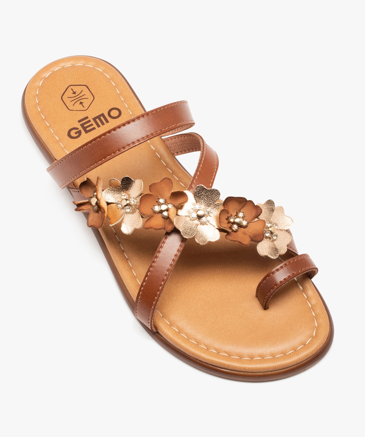 Mules plates à fines brides croisées fleuries femme camel | GEMO