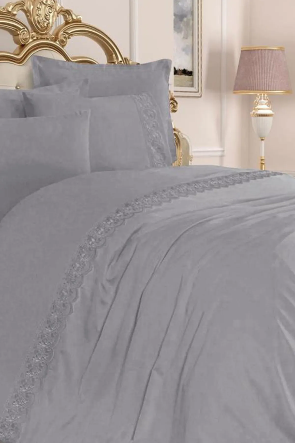 Çeyiz Diyarı  Lalezar Plain French Guipure Bettbezug-Set, Grau