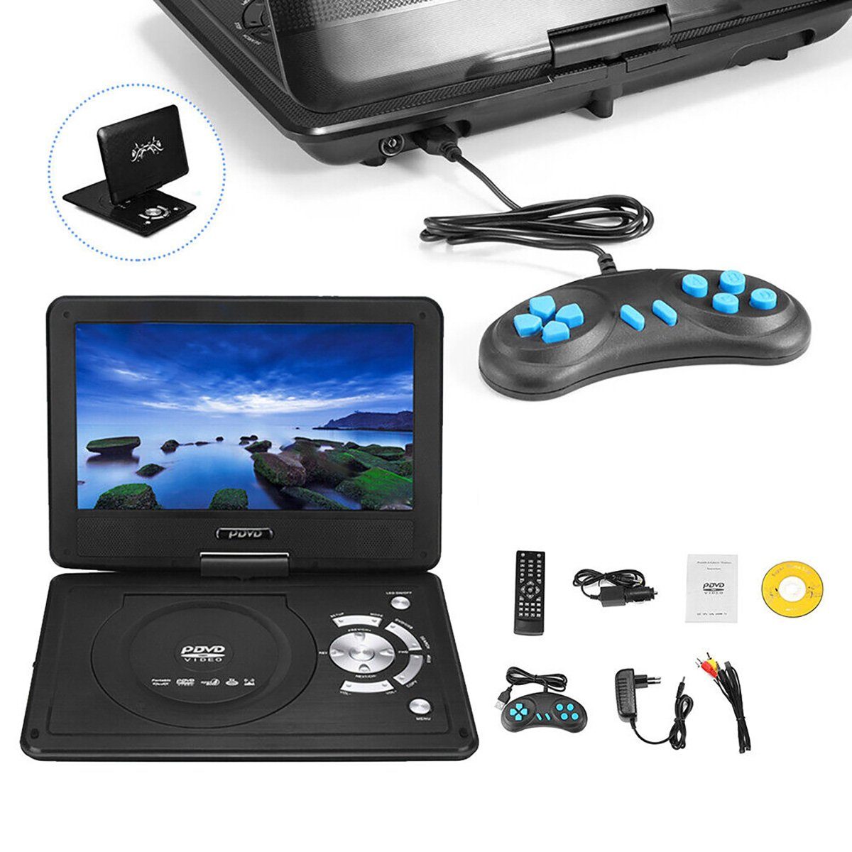 Yoyaxi Tragbarer 9-Zoll-3D-TV-VCD-HD-DVD-Player Portabler DVD-Player (LCD 270° schwenkbarer Bildschirm, Spiel-Joystick, VCD, USB)