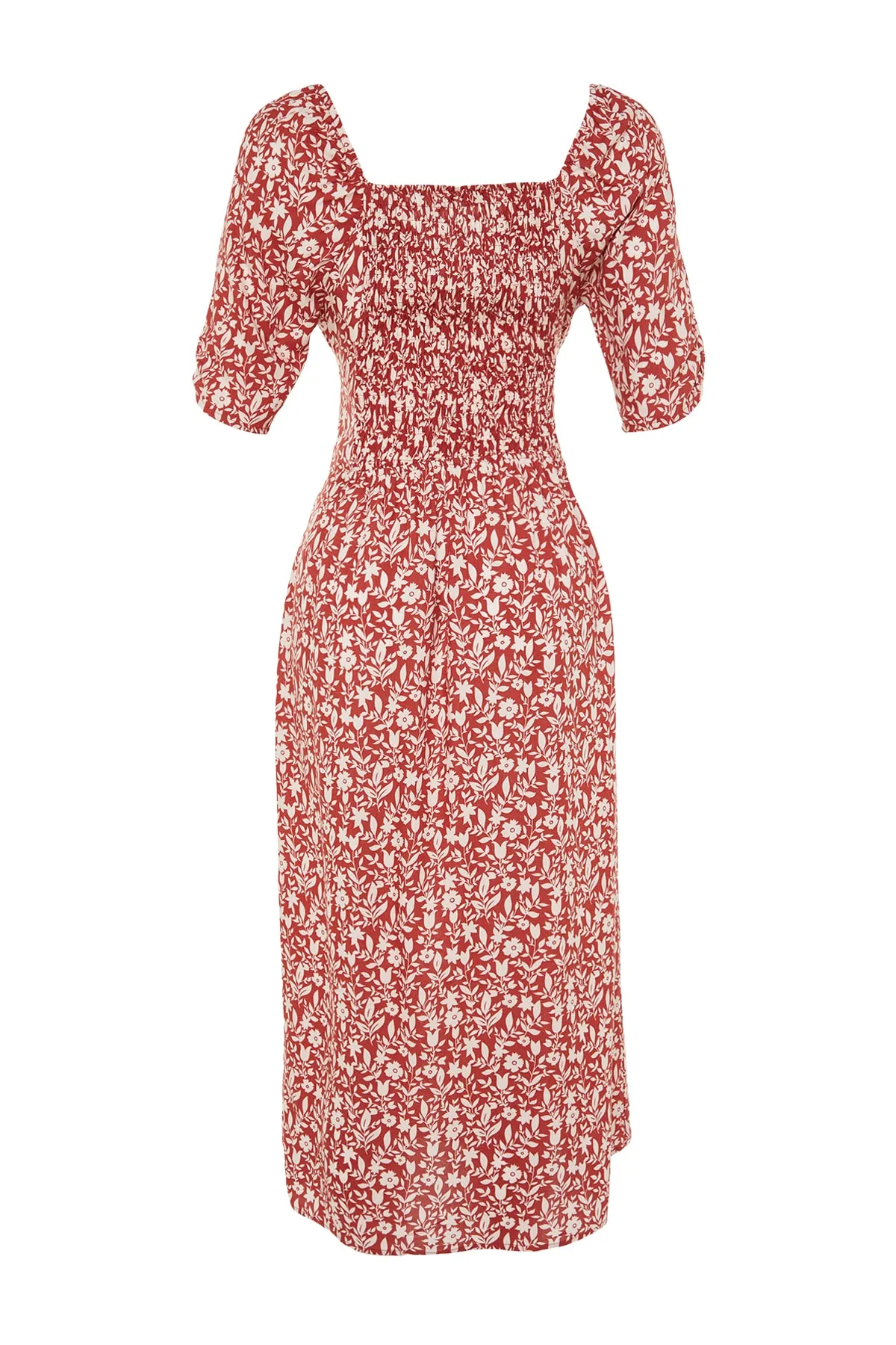 Trendyol Collection  Braunes, gerade geschnittenes Midi-Kleid aus gewebter Viskose mit Blumenmuster und Bindedetail TWOSS23EL00410