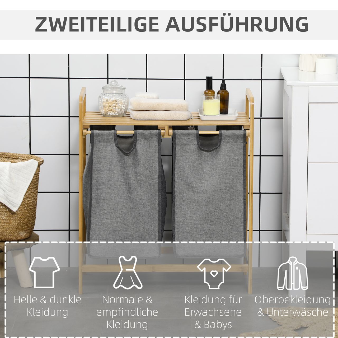 HOMCOM Wäschekorb Wäschebox mit 2 abnehmbaren Wäschesacke Wäschesortierer Bambus