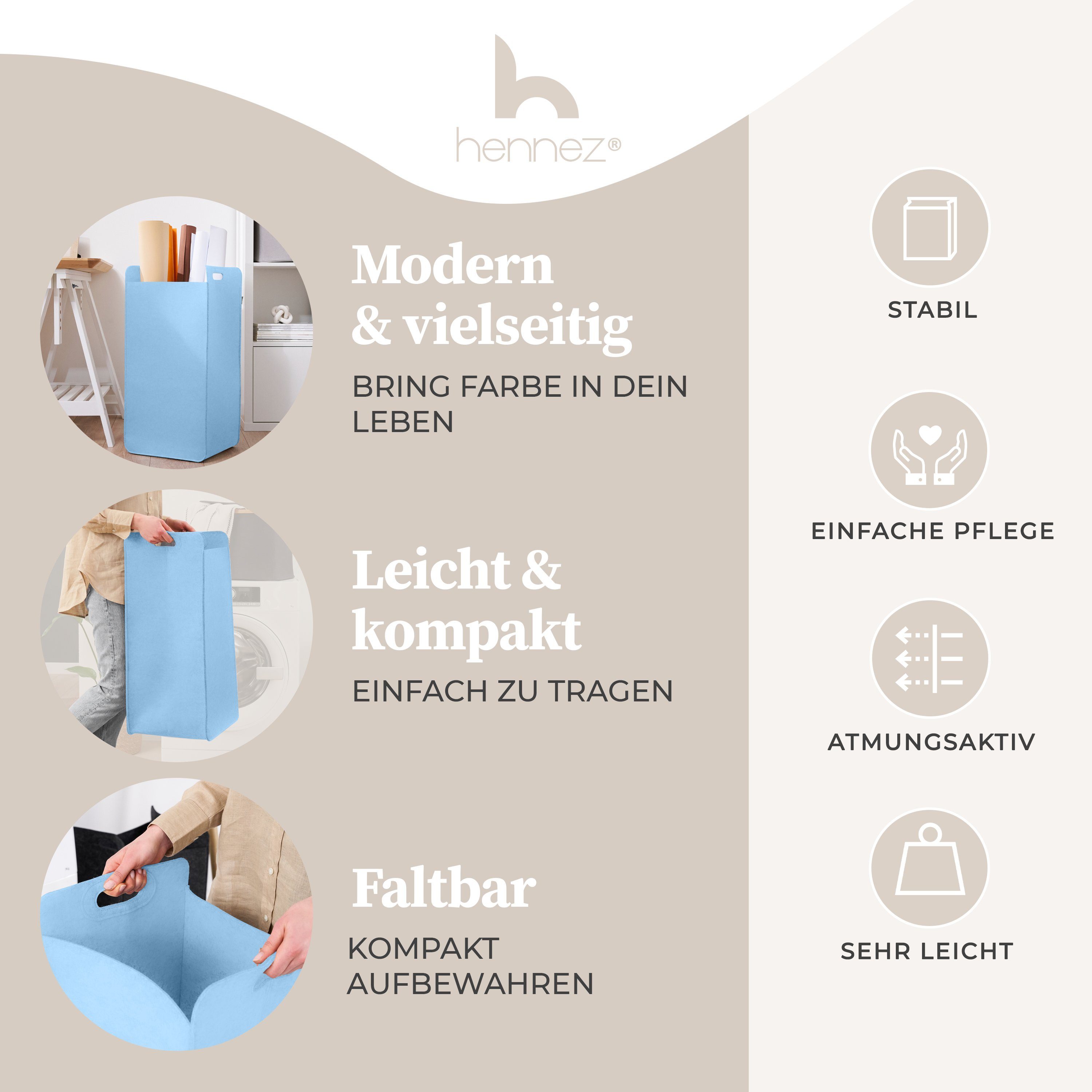 HENNEZ Wäschekorb, Wäschetonne (75L) aus Filz schmal und faltbar, Spielzeug Aufbewahrung, Wäschetonne groß