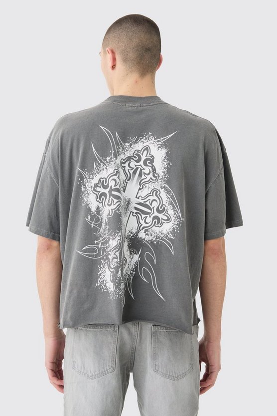 Kastiges Oversize T-Shirt mit rohem Saum und Kreuz-Print