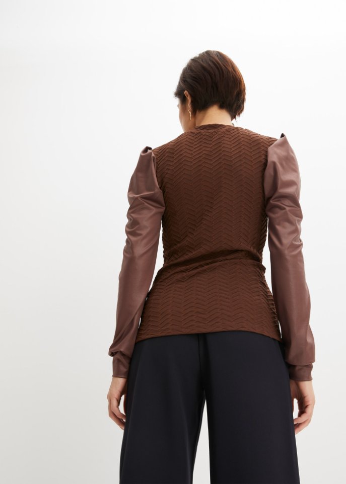 Langarmshirt mit Lederimitatärmeln