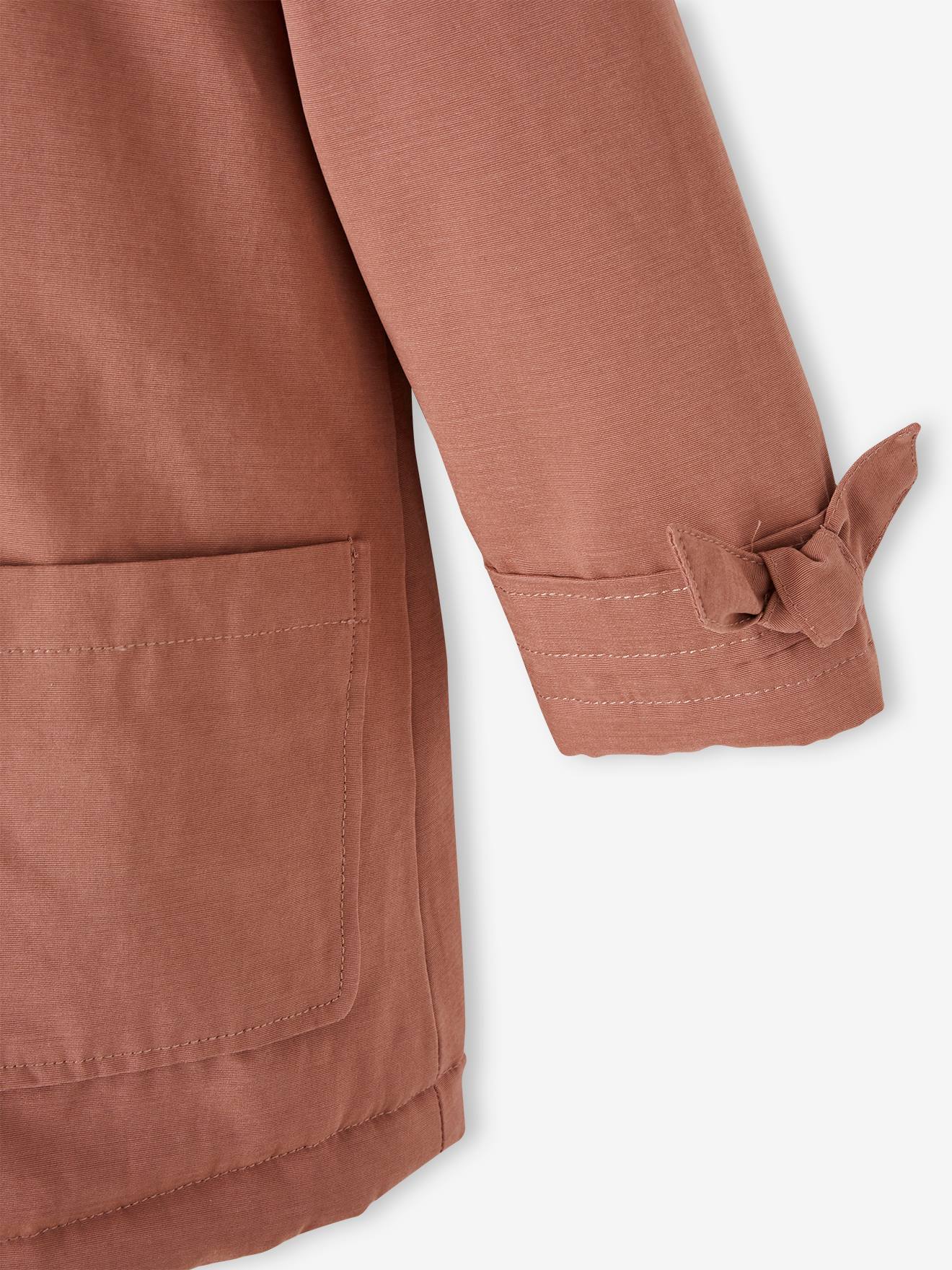 Parka à capuche chic effet peau de pêche fille bois de rose