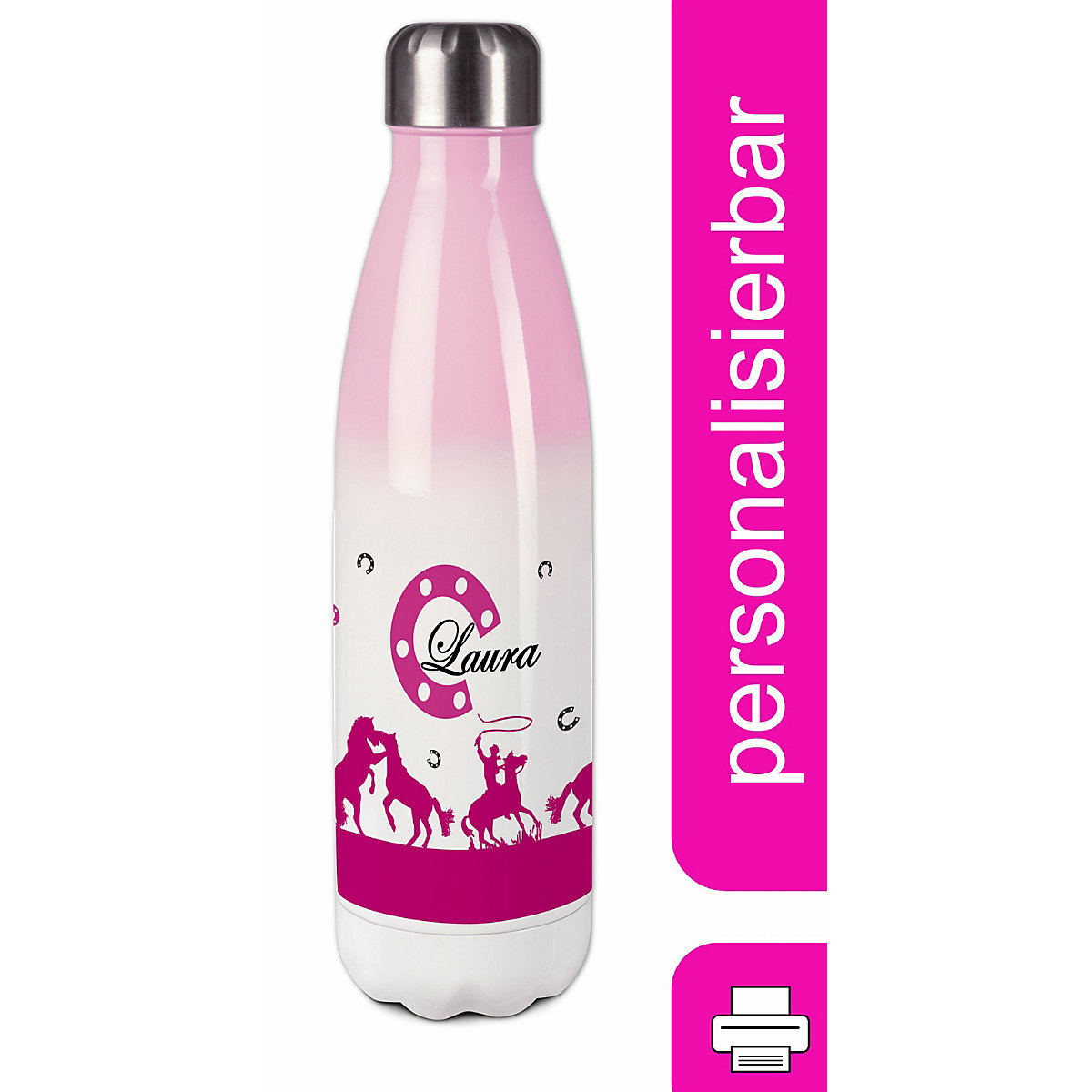 Edelstahl Kinder Thermoflasche / Trinkflasche bunt Cowboy Pferde Farbe pink Spülmaschinenfest, Auslaufsicher, Bruchfest, Doppelwandig, Für Heißgetränke geeignet, Mit Deckel, Isoliert