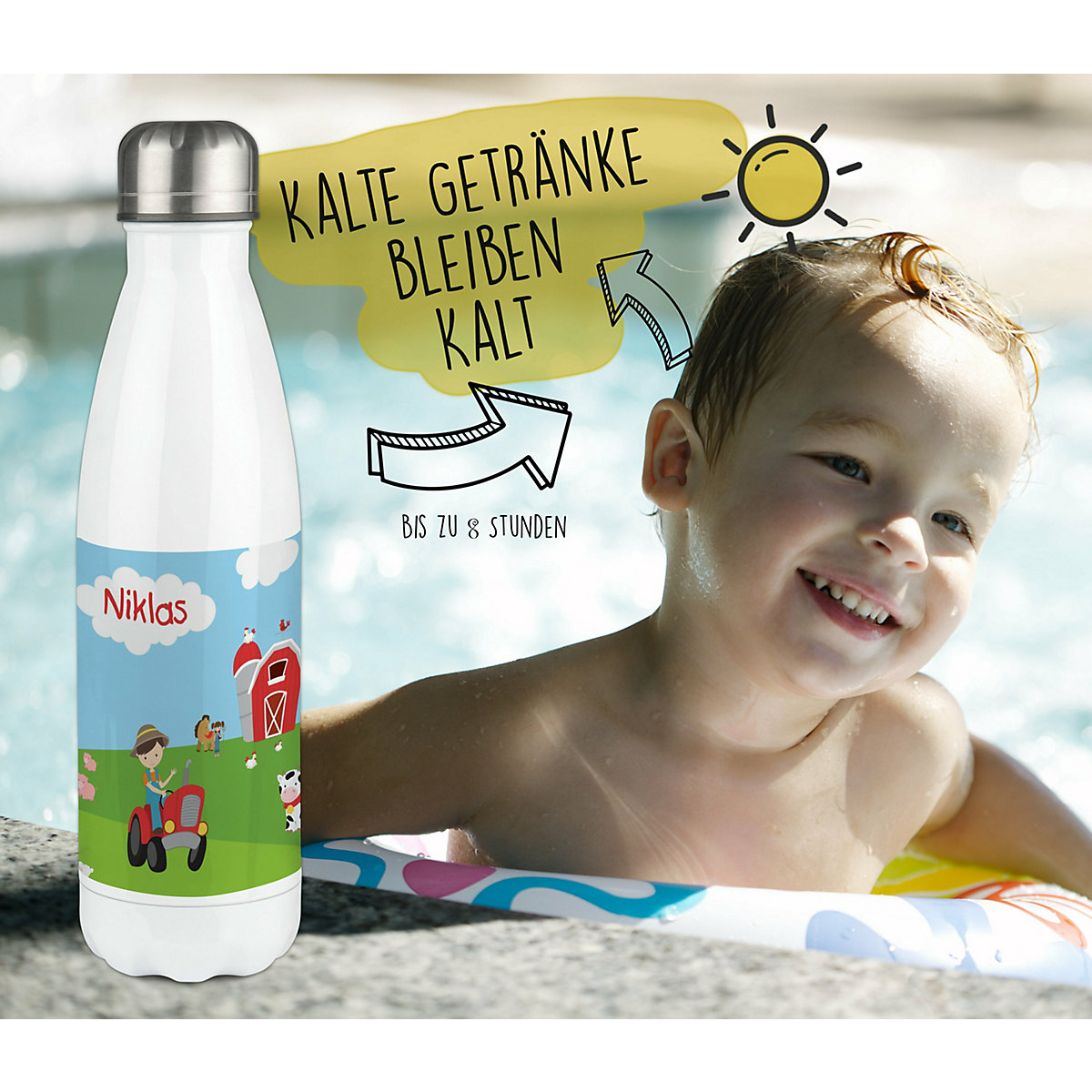 Edelstahl Kinder Thermoflasche / Trinkflasche bunt Bauernhof Spülmaschinenfest, Auslaufsicher, Bruchfest, Doppelwandig, Für Heißgetränke geeignet, Mit Deckel, Isoliert