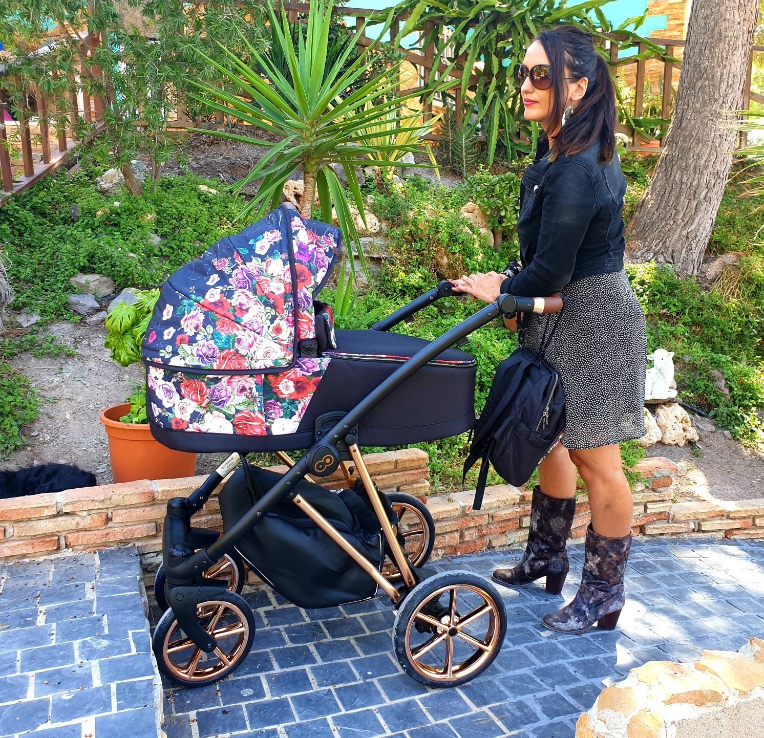 TPFLiving Kombi-Kinderwagen 3 in 1 Musse Dark Rose, Baby Buggy Babywanne Autositz Windeltasche, Moskitonetz Regenschutz Kinderwagen Komplettset Gestell Gold