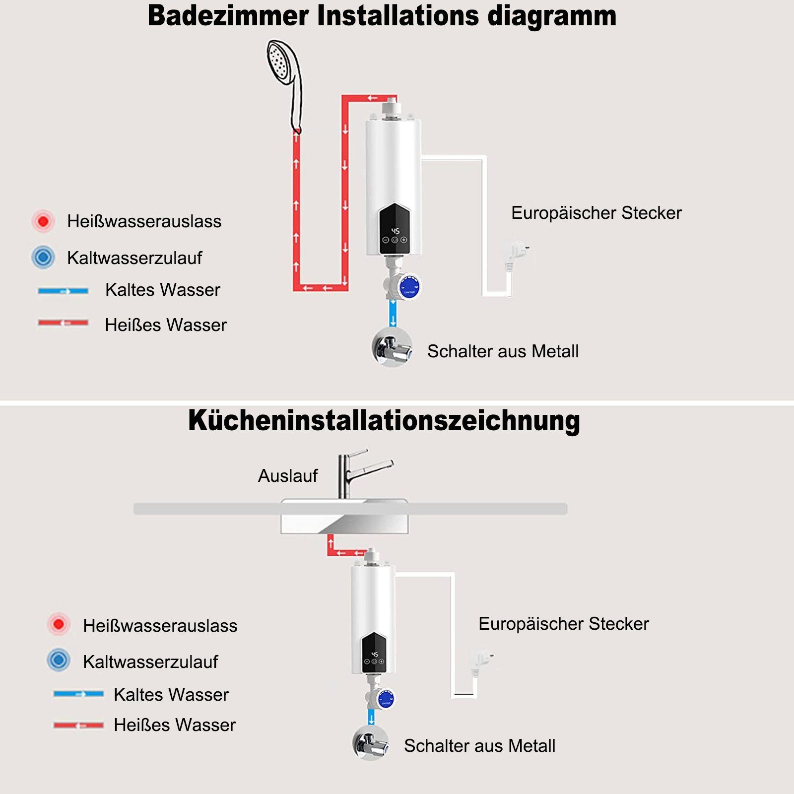 TOPMELON Klein-Durchlauferhitzer Elektrischer Durchlauferhitzer&Duschkopf