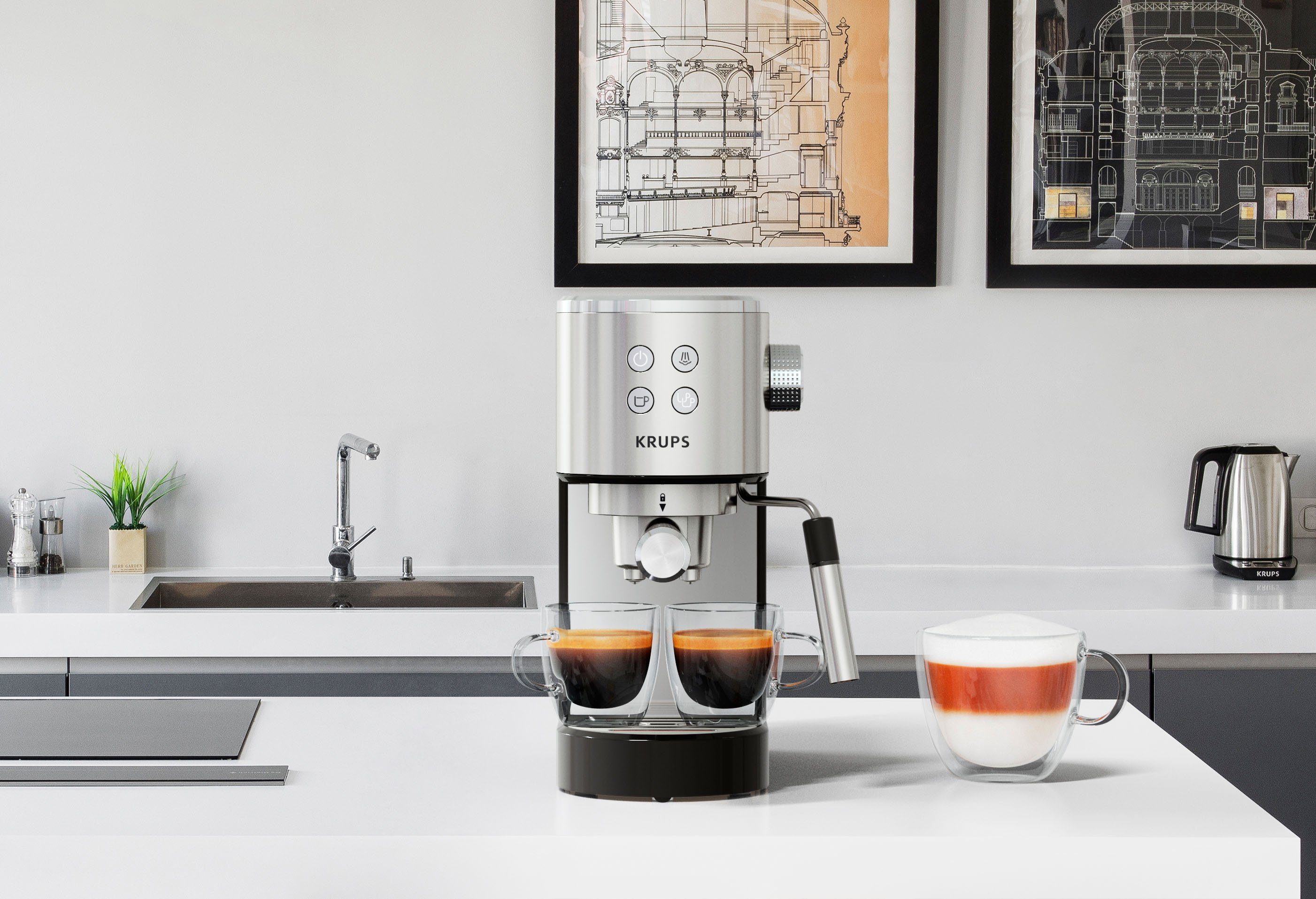 Krups Siebträgermaschine XP442C Virtuoso, integrierter Tassenwärmer, automatische Abschaltung, 2-Tassen Funktion