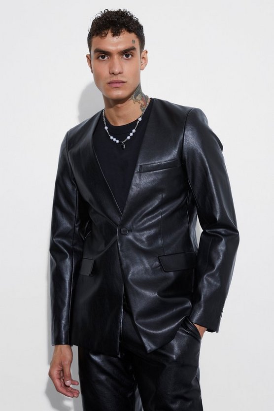 Kragenlose Slim-Fit PU-Anzugjacke