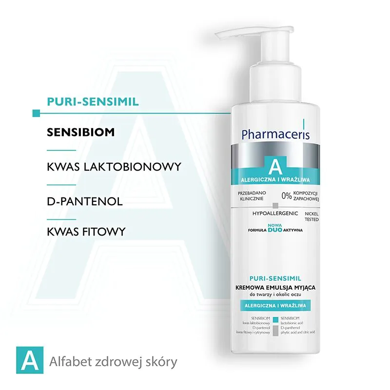 „Pharmaceris A Puri-Sensimil“ kreminė valomoji emulsija veidui ir paakių sričiai.