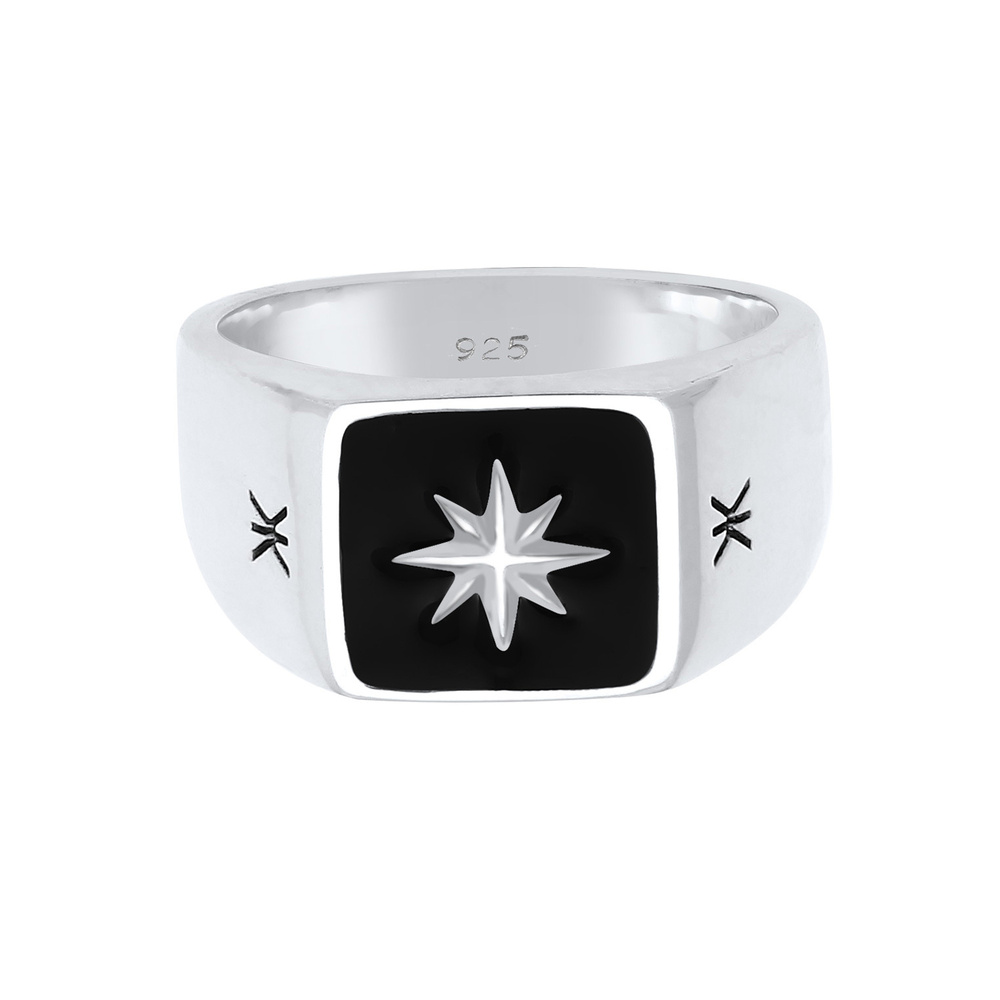 KUZZOI KUZZOI Bague Hommes Signet Black Enamel Star Massive en argent sterling 925 Bague
