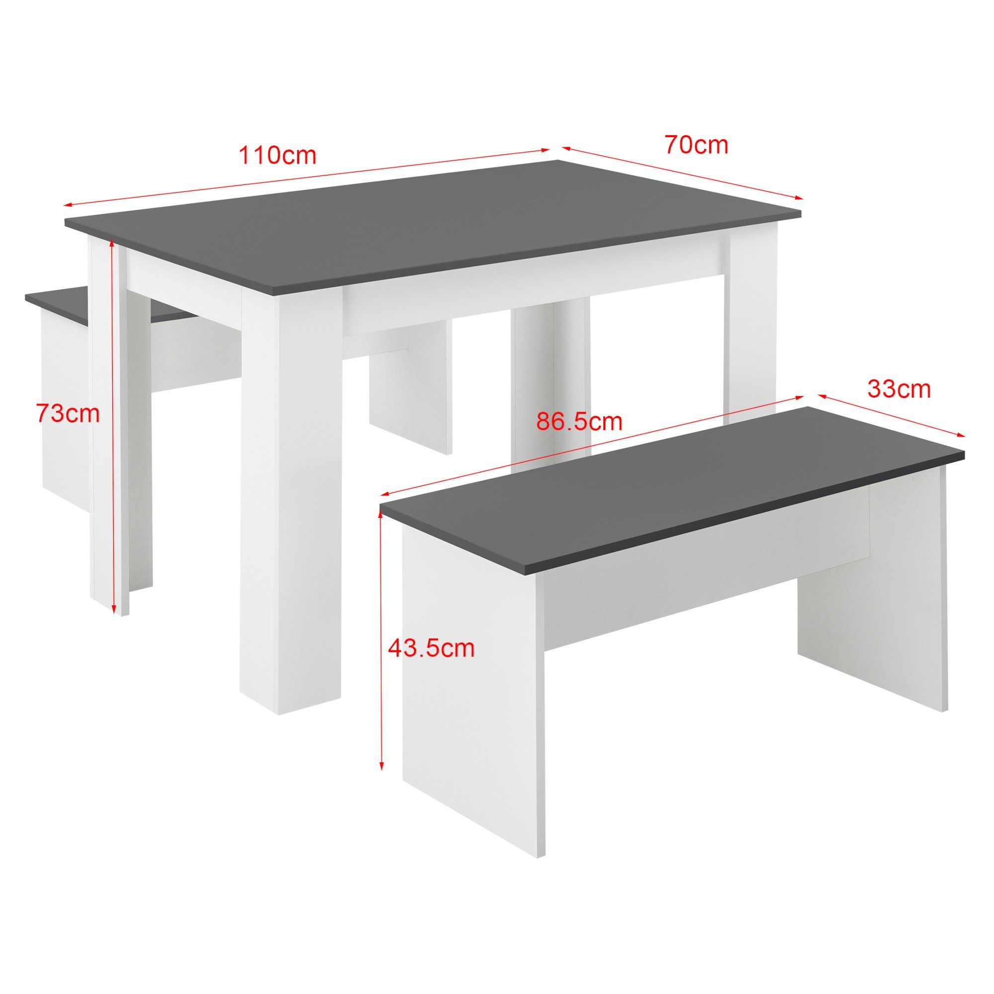en.casa Essgruppe, (3-tlg), Hokksund Sitzgruppe Esstisch 110x70cm mit 2 Sitzbänken Weiß / Grau