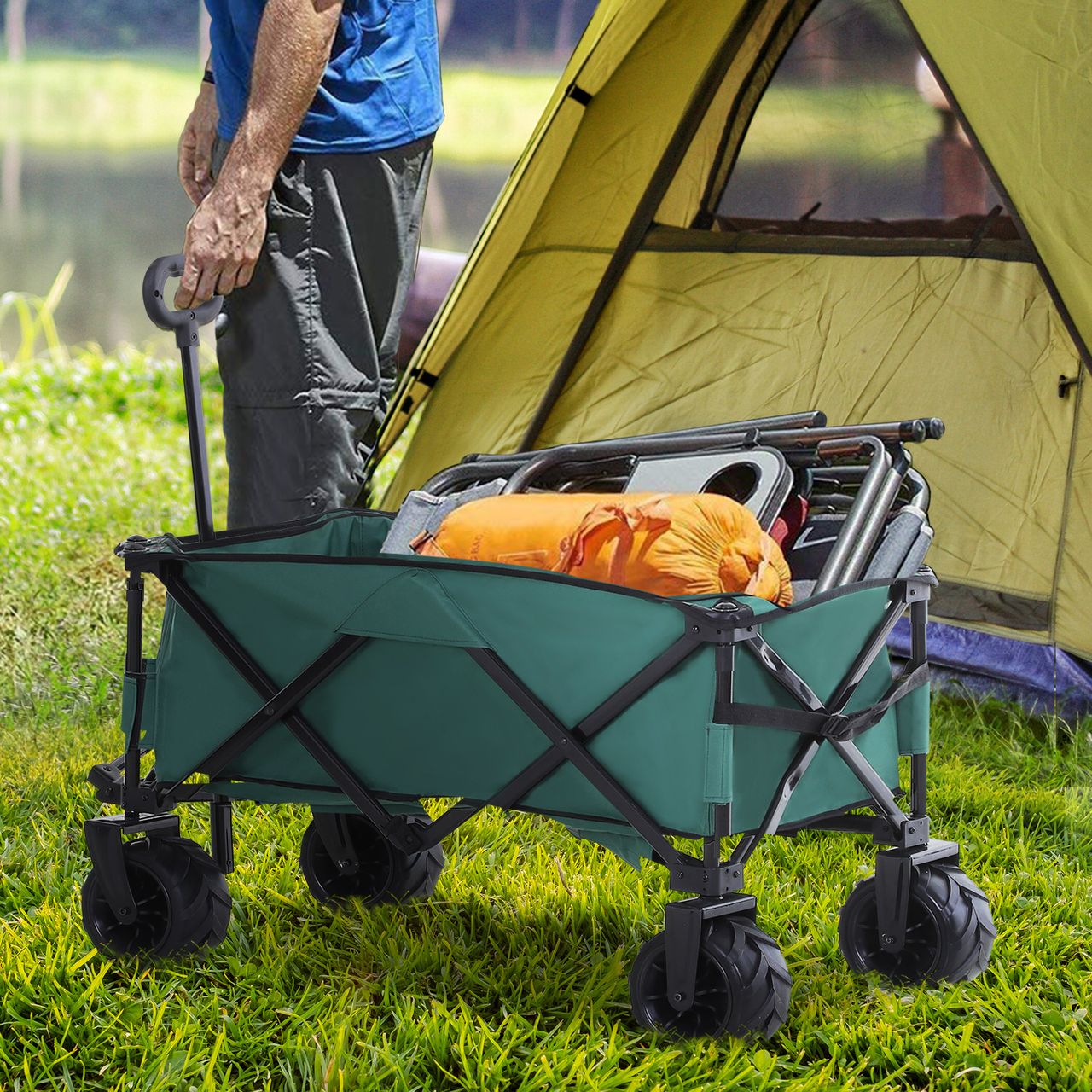Outsunny Bollerwagen Faltbarer Handwagen 360° Gartenwagen Transportwagen mit Teleskop Griff Verstellbarer Griffhöhe Strandwagen bis 20 kg Tragkraft Metall Oxford Grün 108 x 53 x 59-89 cm