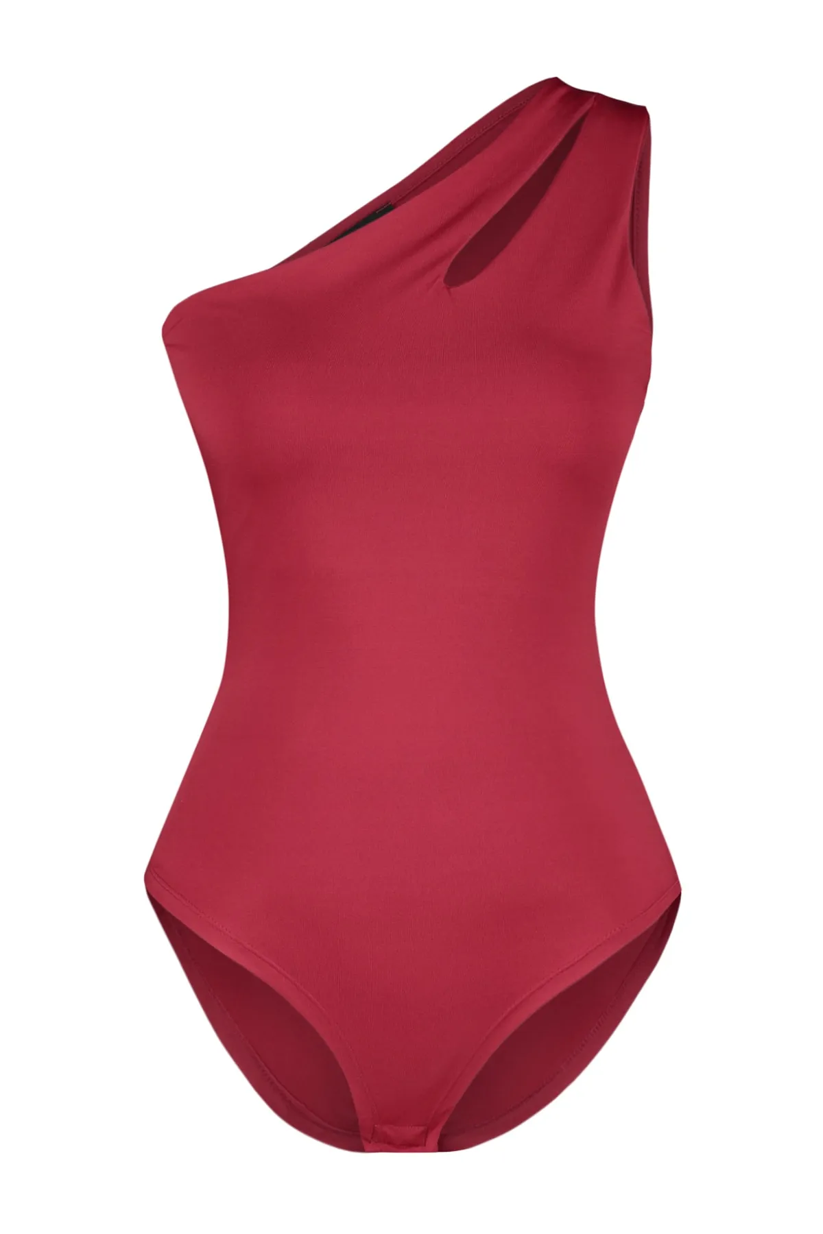 Trendyol Collection  Cherry Rotten Asymmetrischer Kragen Cut Out Detail Stretch-Strickbody mit Druckknöpfen TWOSS23BD00014