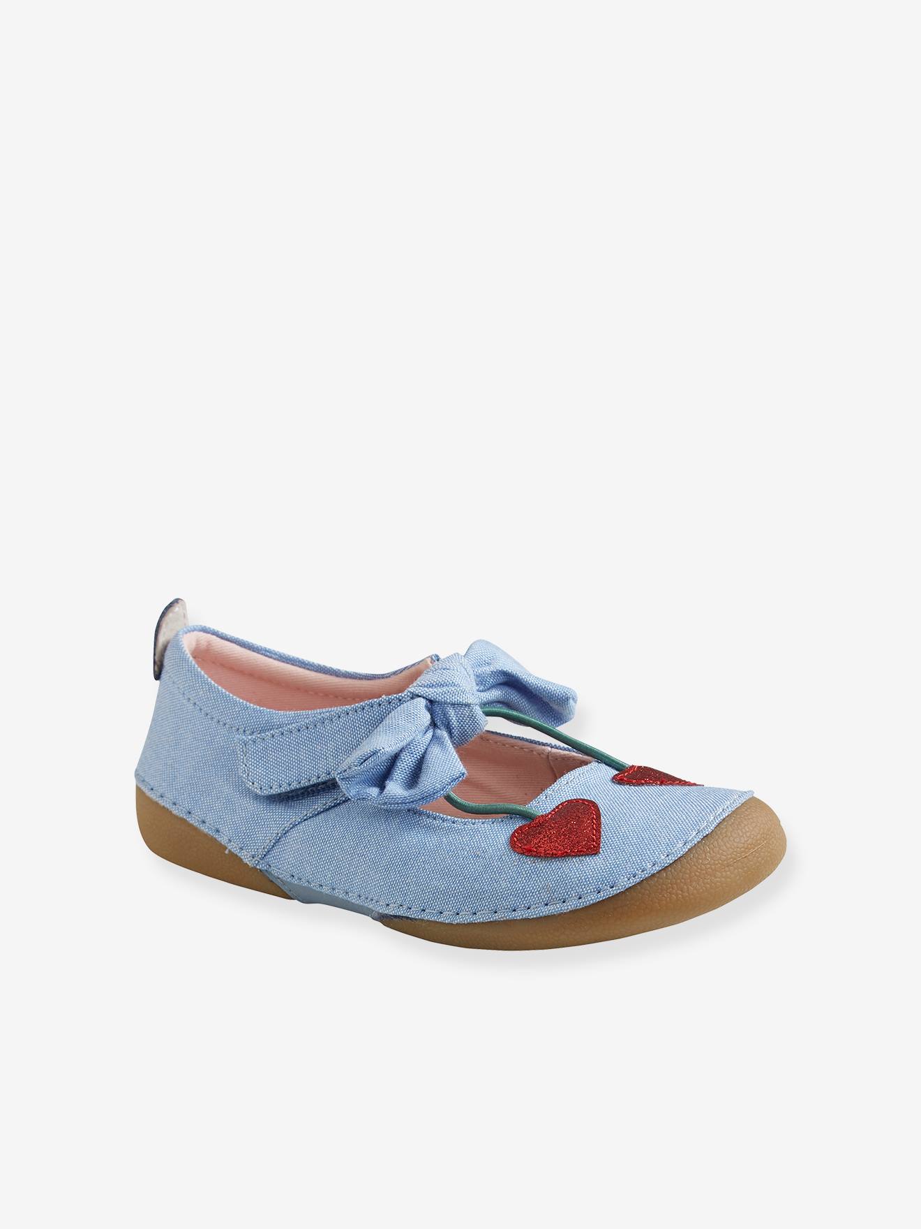 Chaussons scratchés fille en toile bleu clair denim