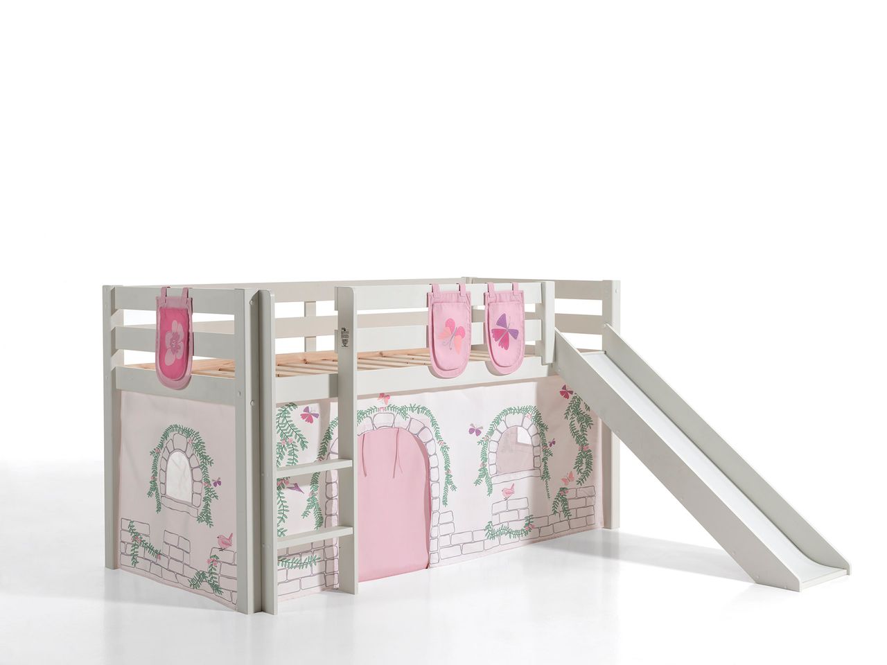 VIPACK Spielbett Pino inkl. Rutsche mit Textilset Vorhang und 3 Taschen 