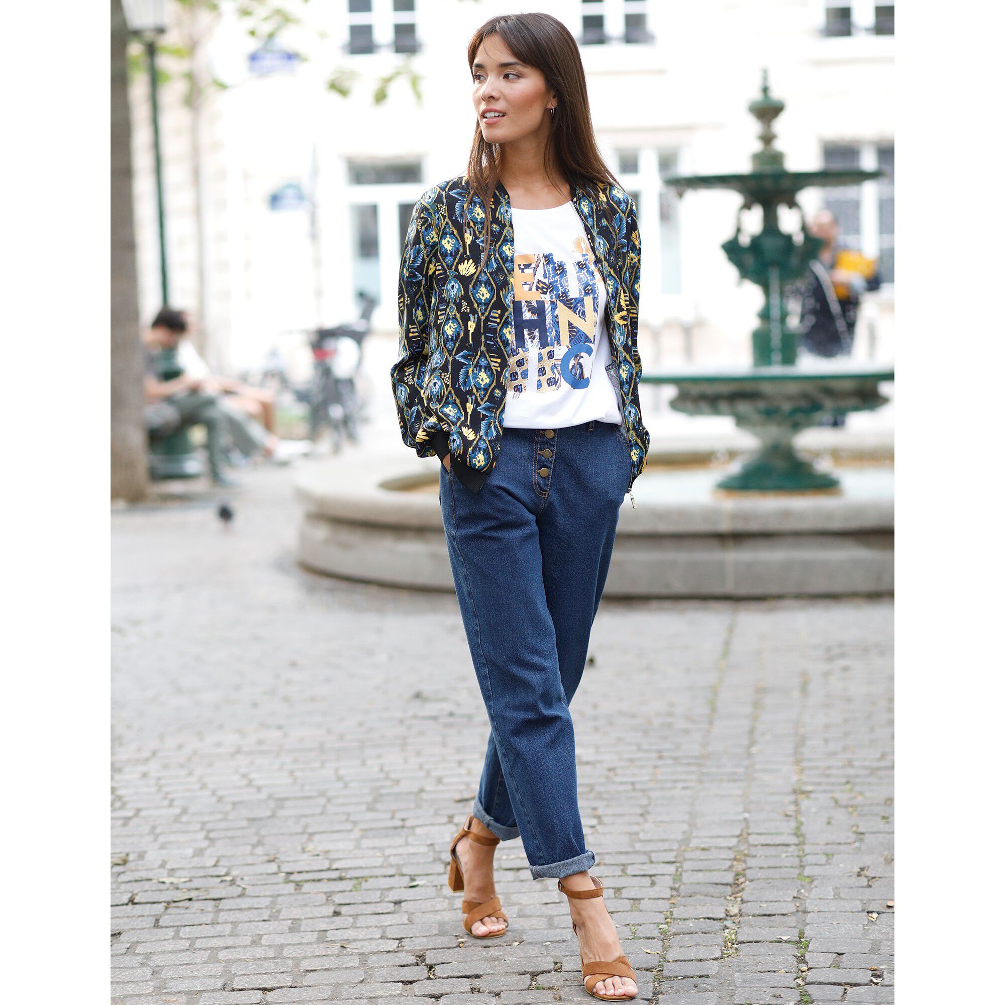 Veste bombers zippée imprimée, crêpe