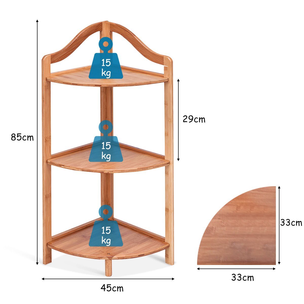COSTWAY Eckregal, Bambus, 3 Ebenen, 33 x 33x 85 cm