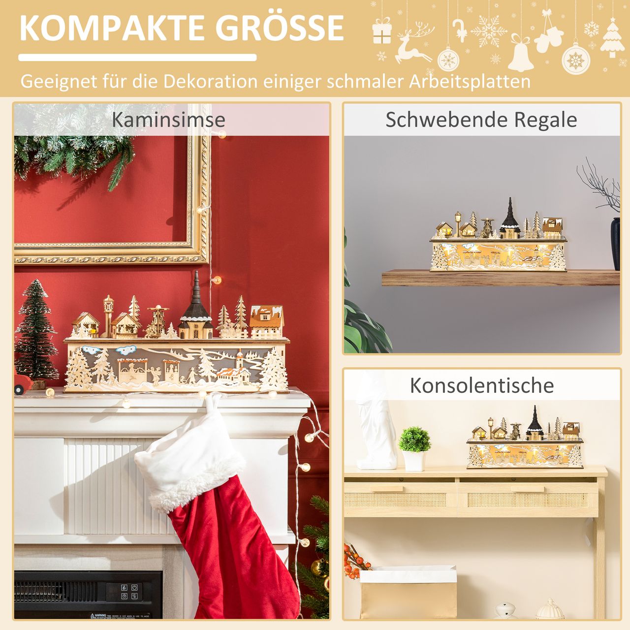 HOMCOM Weihnachtsdeko Verschneites Weihnachtsdorf mit 10 LEDs Natur 45x10x25 cm