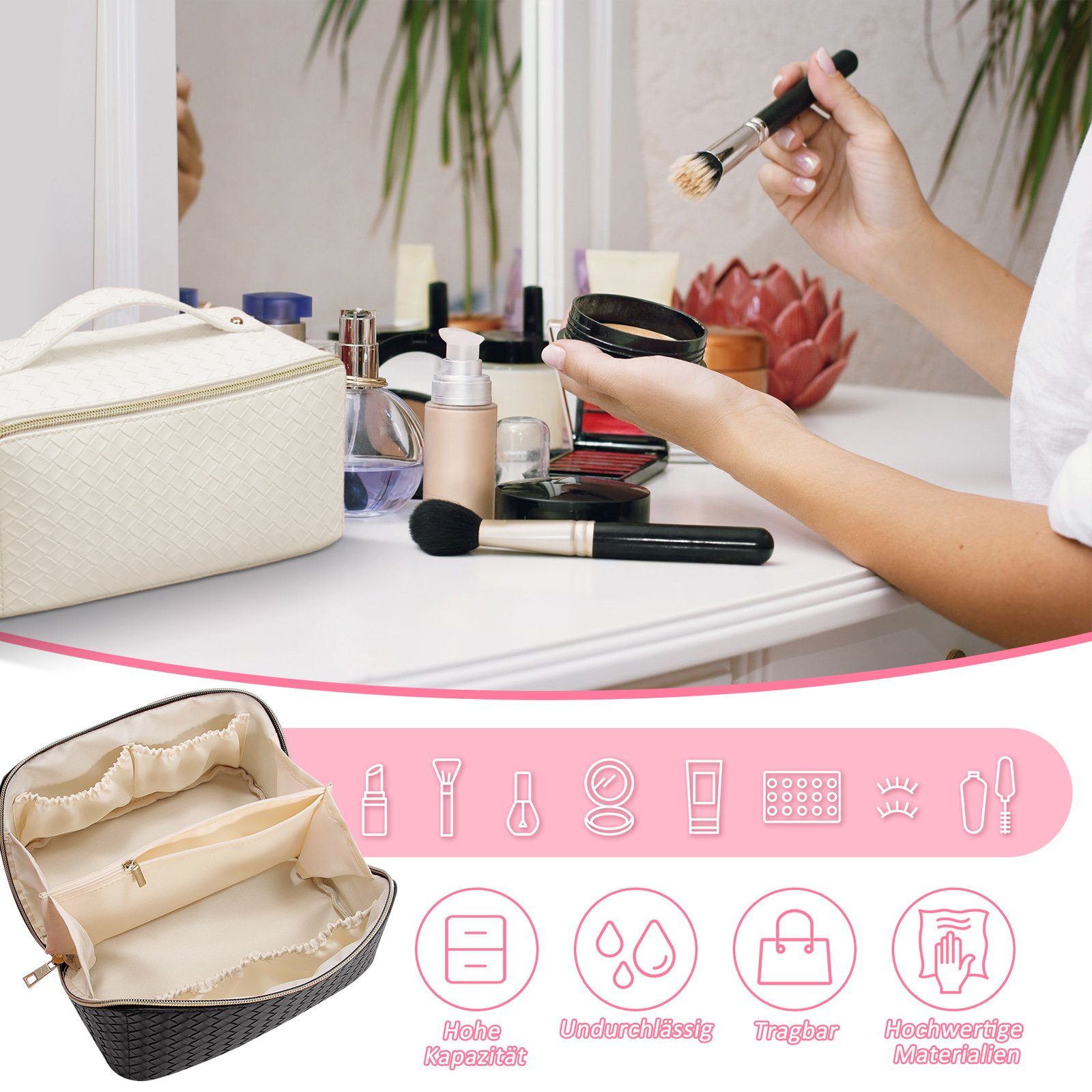 CALIYO Kosmetiktasche Groß Kapazität Kosmetiktasche Damen Mäppchen Make Up Bag Schminktasche, Federmäppchen Kosmetik Reise Täschchen Wasserdichter mit Fächern