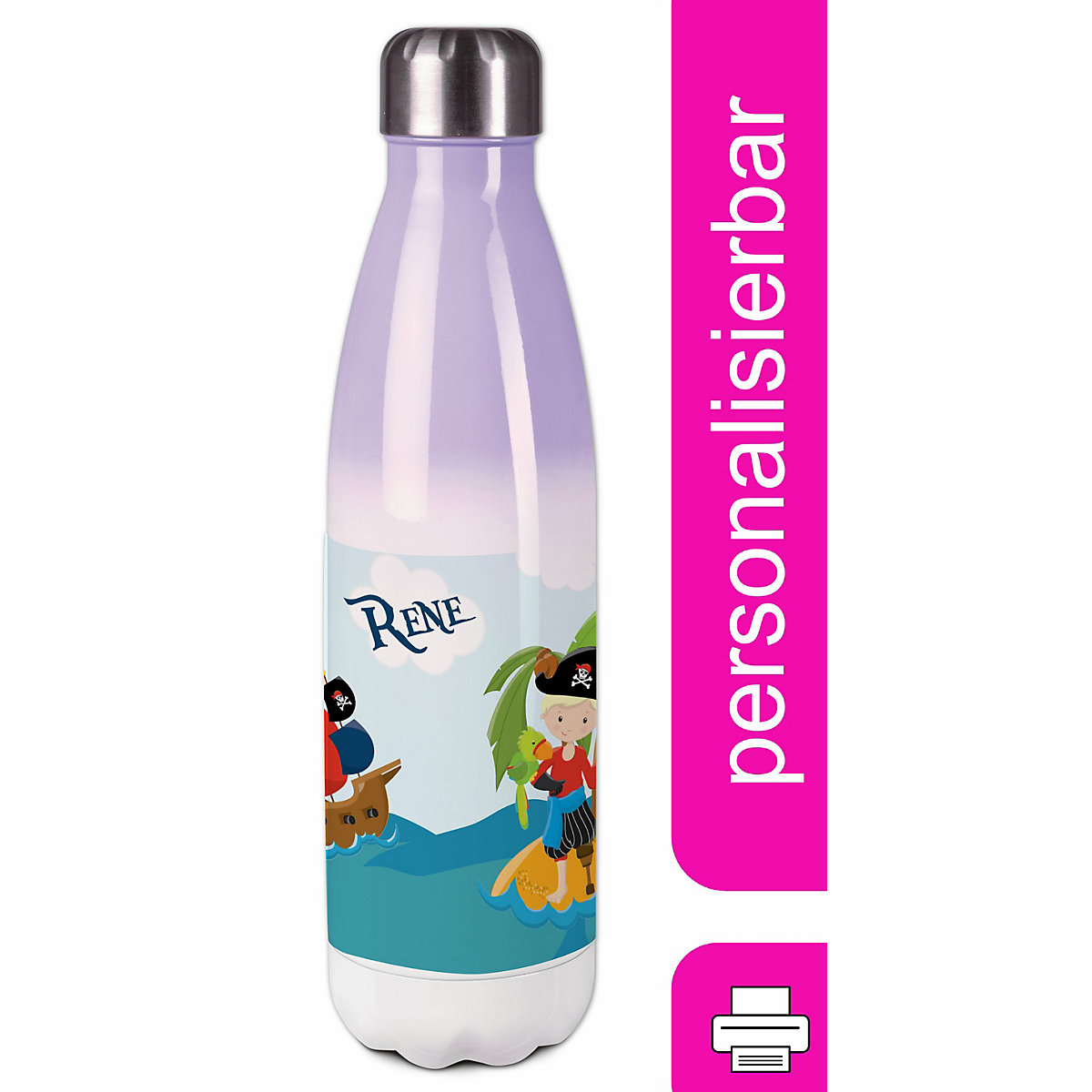 Edelstahl Kinder Thermoflasche / Trinkflasche bunt Pirat nah Spülmaschinenfest, Auslaufsicher, Bruchfest, Doppelwandig, Für Heißgetränke geeignet, Mit Deckel, Isoliert