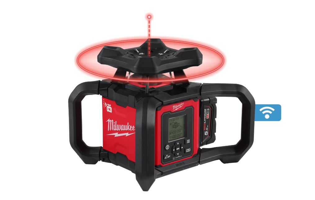 Milwaukee M18 RLOHV1200-501C vízszintes/függőleges forgó dupla dőlésszögű piros lézer 18 V 5.0 Ah Li-ion akkumulátorral (4933493204)