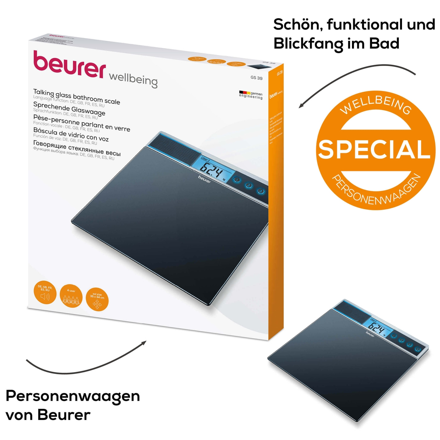 Beurer Glaswaage GS 39-Personenwaage aus Glas mit Sprachfunktion in 5 Sprachen - bis 150 kg