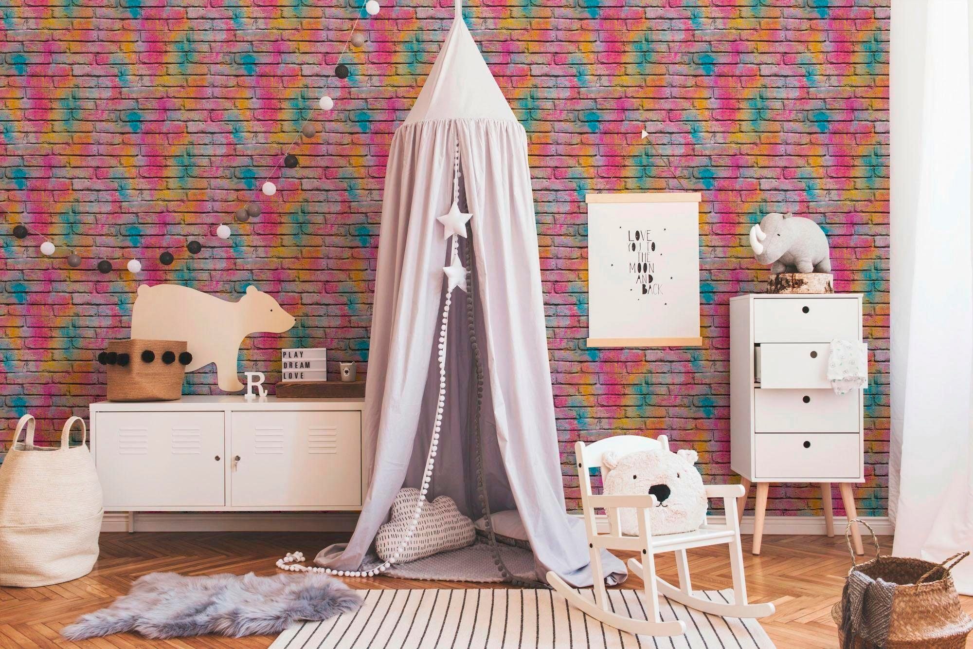 living walls Vliestapete Boys & Girls, Steinoptik, Struktur Tapete Stein Bunt Gelb Lila
