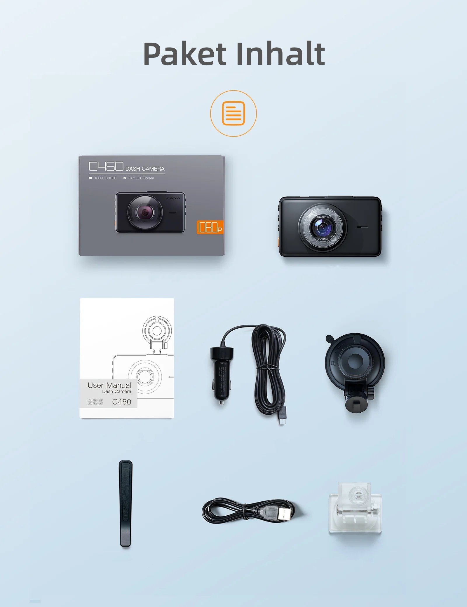 Apeman C450A Full HD 1080P Dashcam (Full HD, Nachtsicht, 3-Zoll-LCD-Bildschirm, 170° Ultraweitwinkel, G-Sensoren)