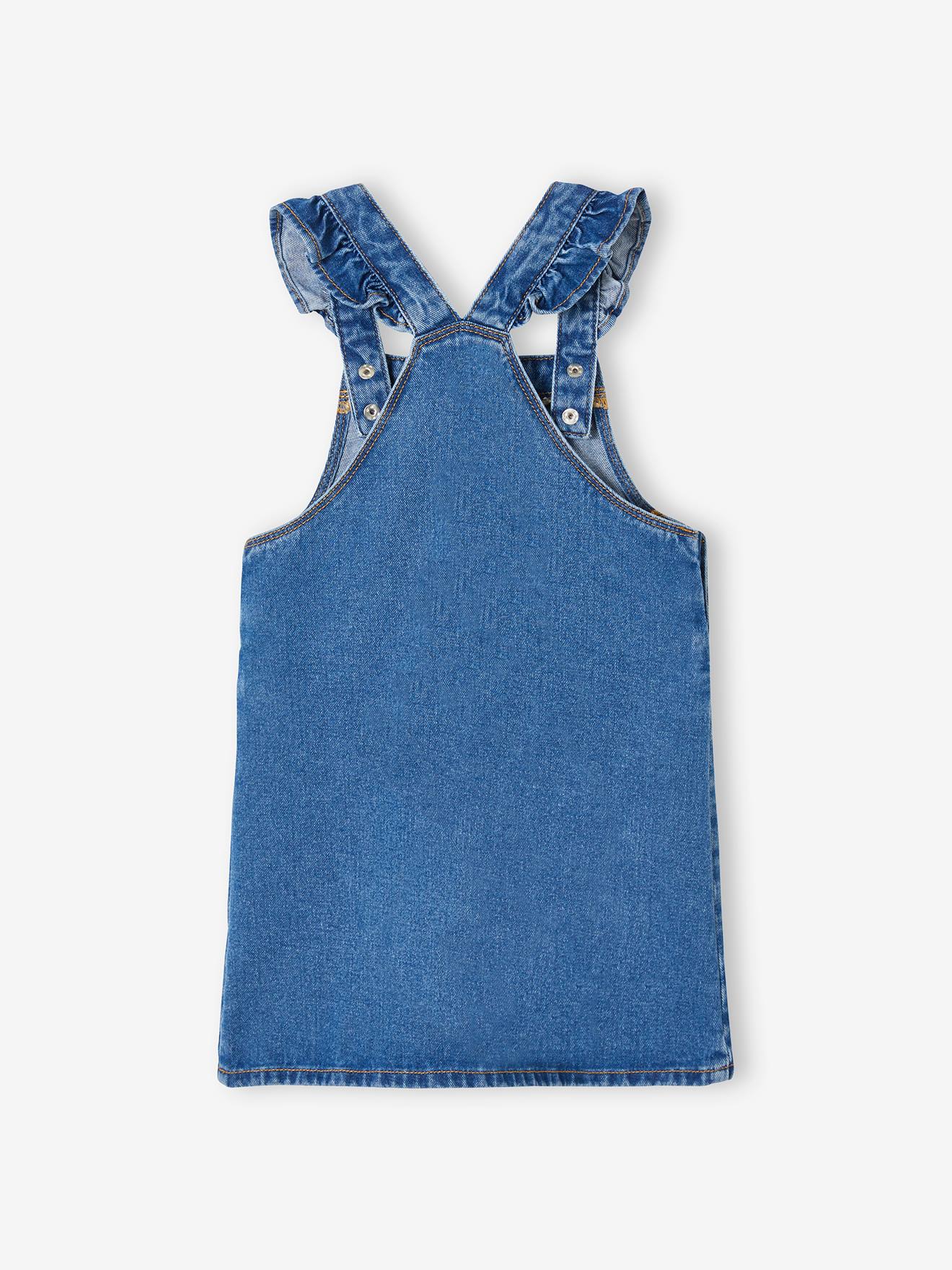 Robe-salopette en jean fille bretelles à volants stone