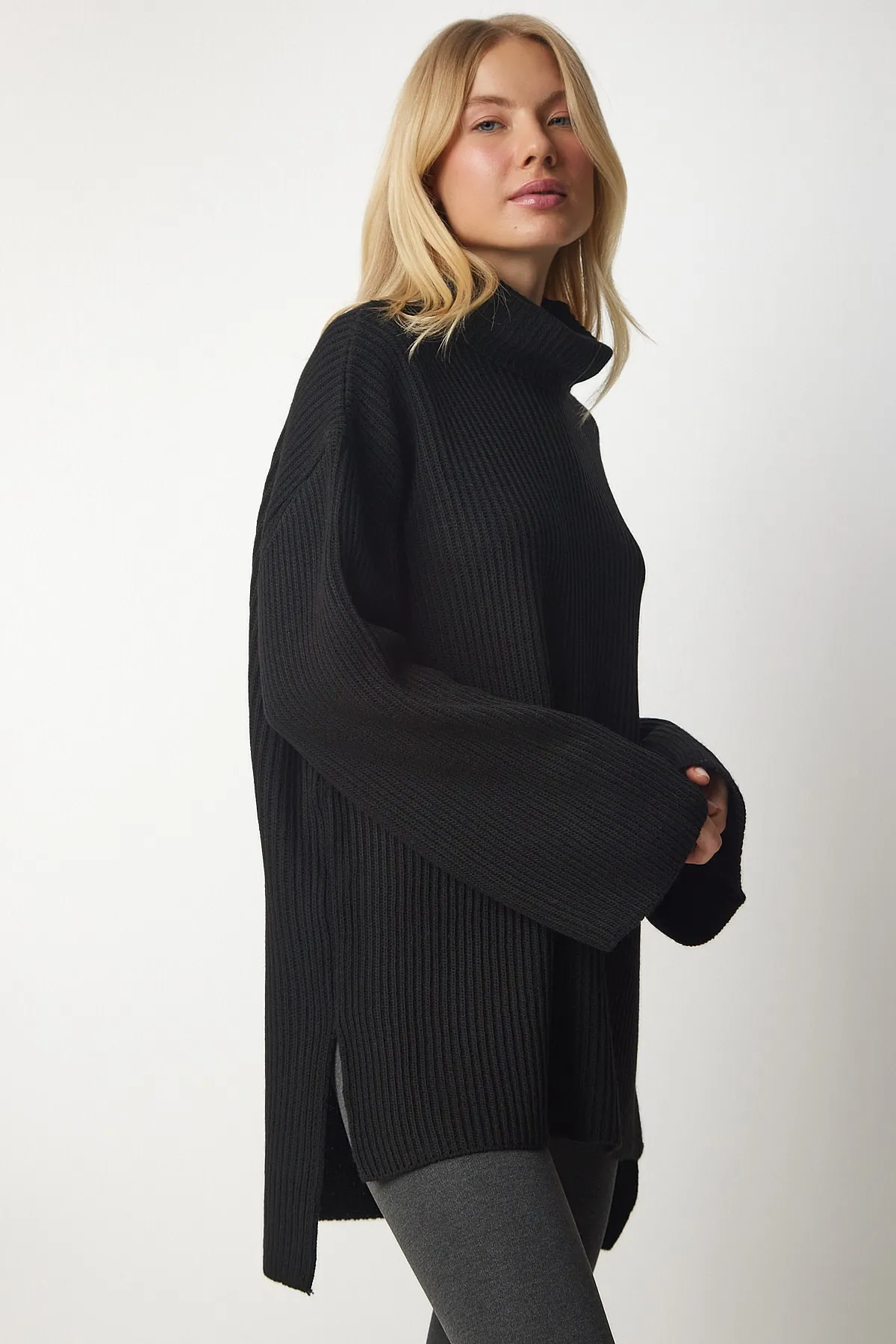 Happiness İstanbul  Schwarzer Rollkragenpullover in Übergröße für Damen YY00164