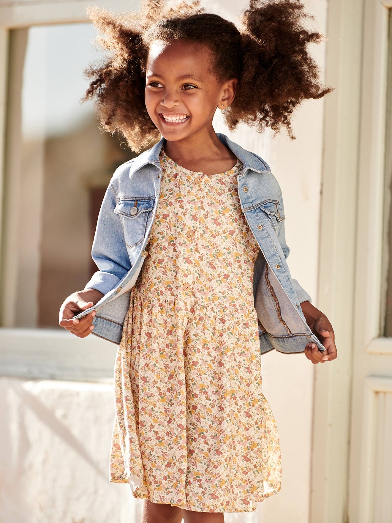Robe boutonnée à fleurs fille beige imprimé
